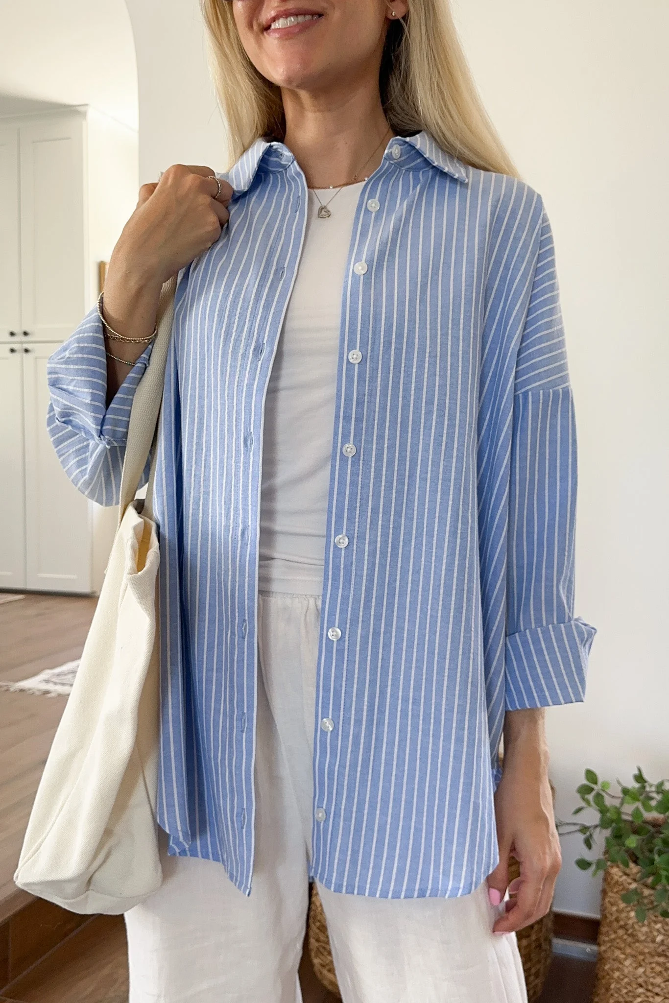 Estelle Striped Button Down in Blue and White