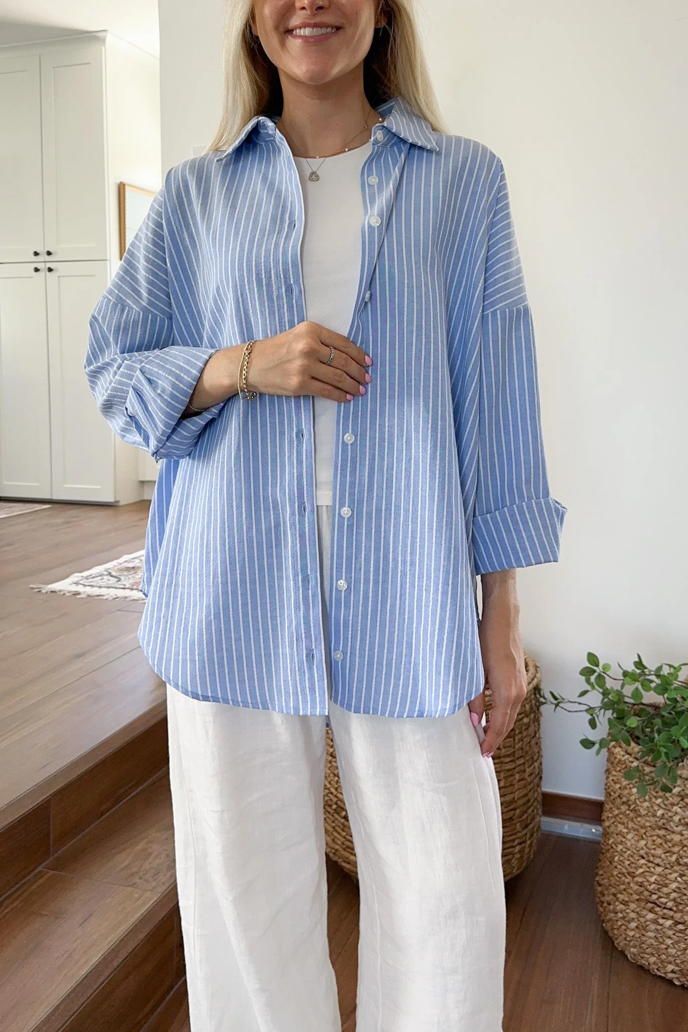 Estelle Striped Button Down in Blue and White - Image 3