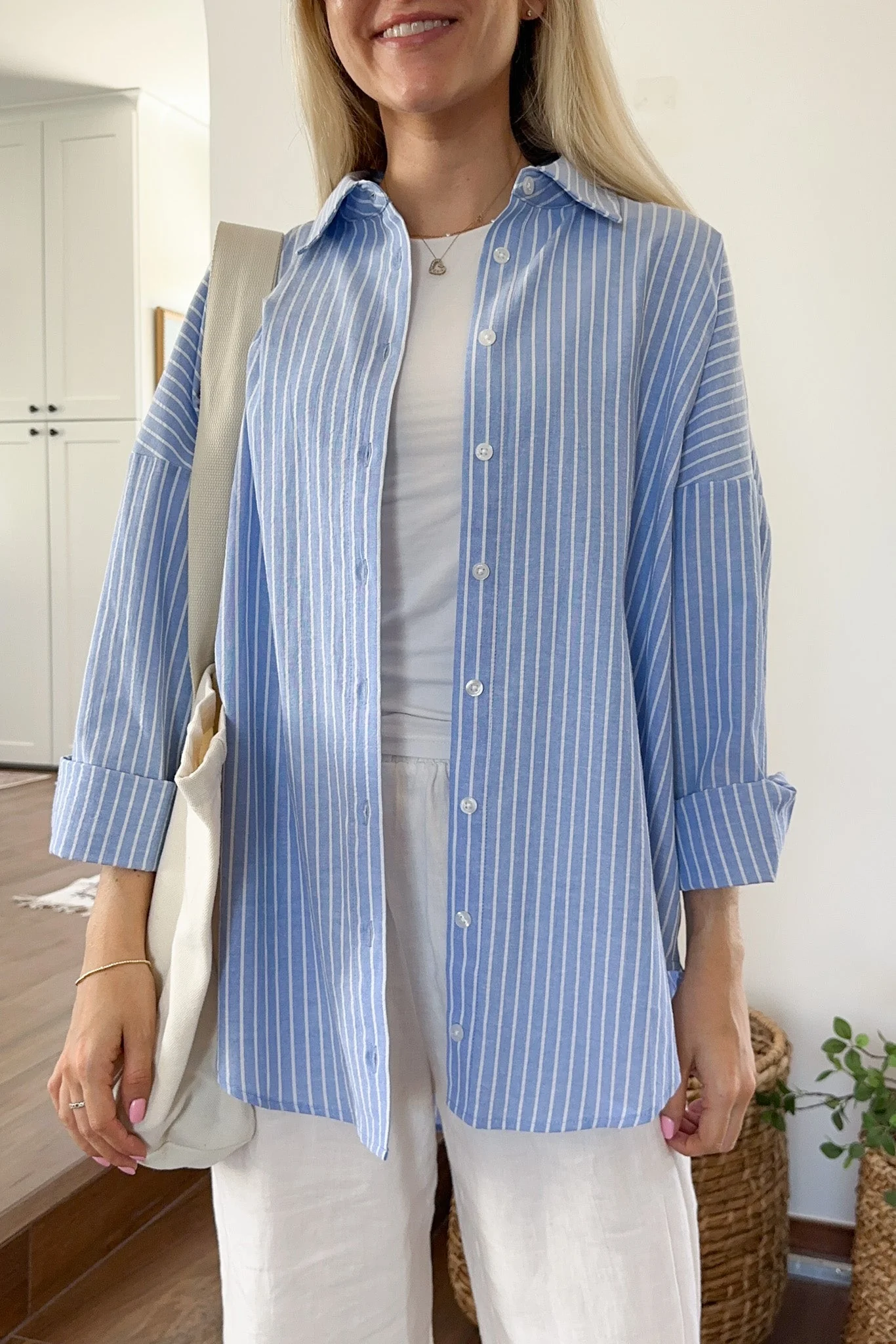 Estelle Striped Button Down in Blue and White - Image 5