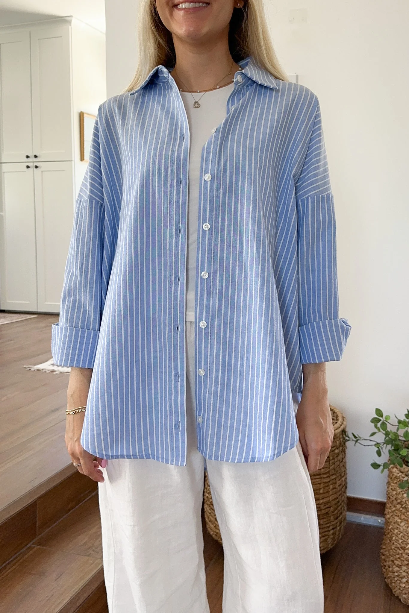 Estelle Striped Button Down in Blue and White - Image 6