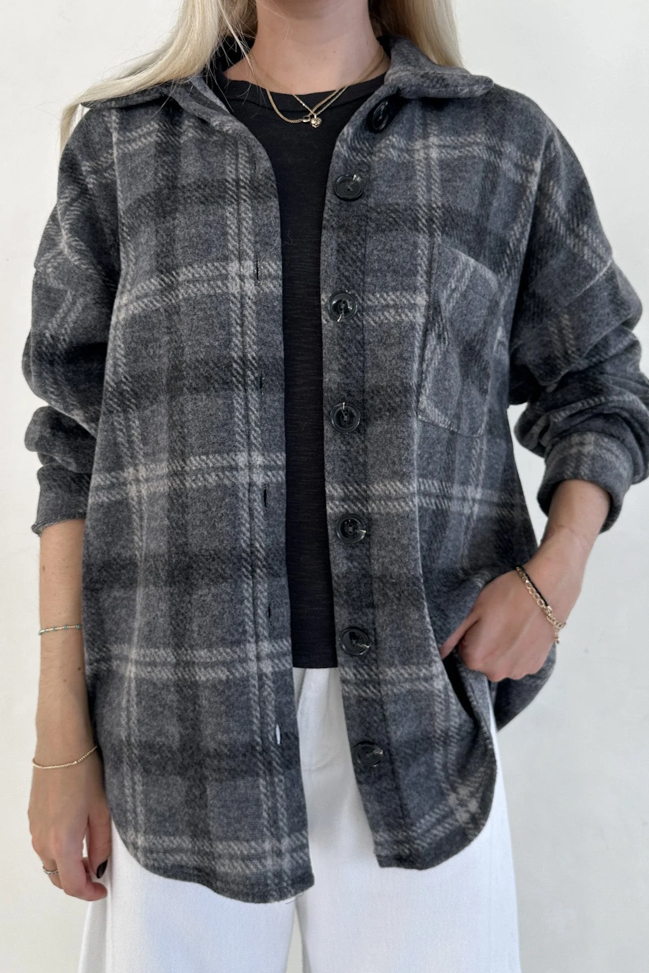 Cabin Time Grey Plaid Button Down Shirt Jacket - Image 5