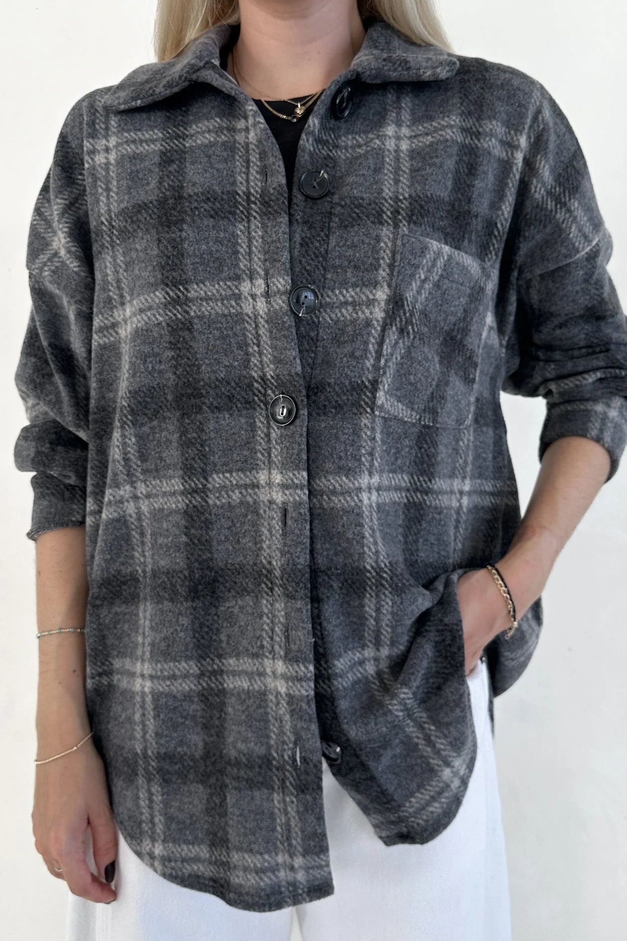 Cabin Time Grey Plaid Button Down Shirt Jacket - Image 6