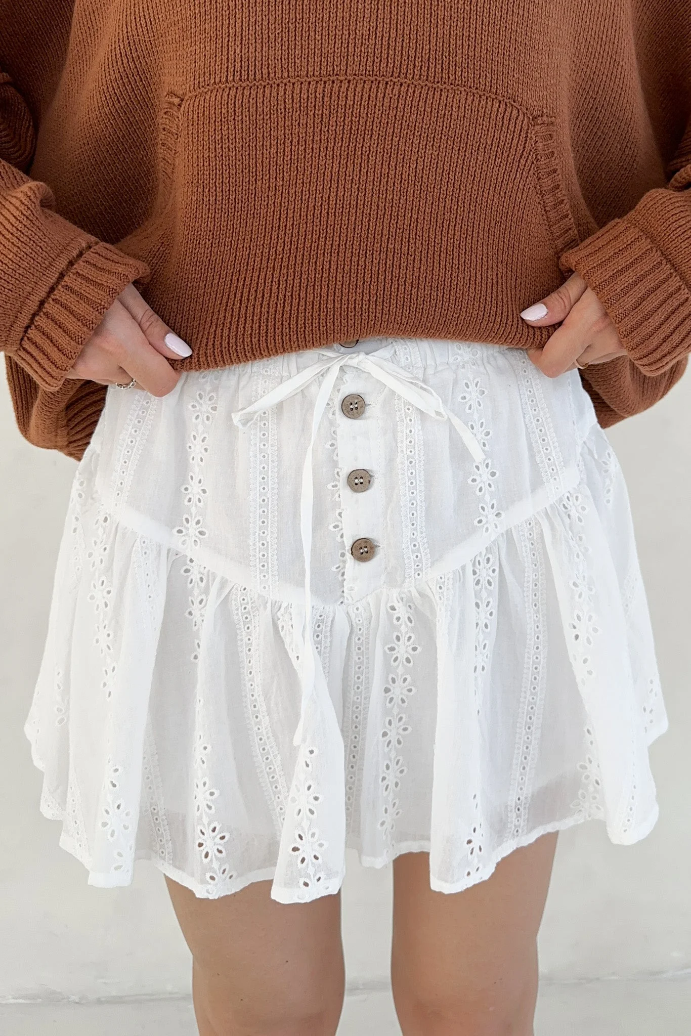 Caris Drawstring Waist Eyelet Mini Skort