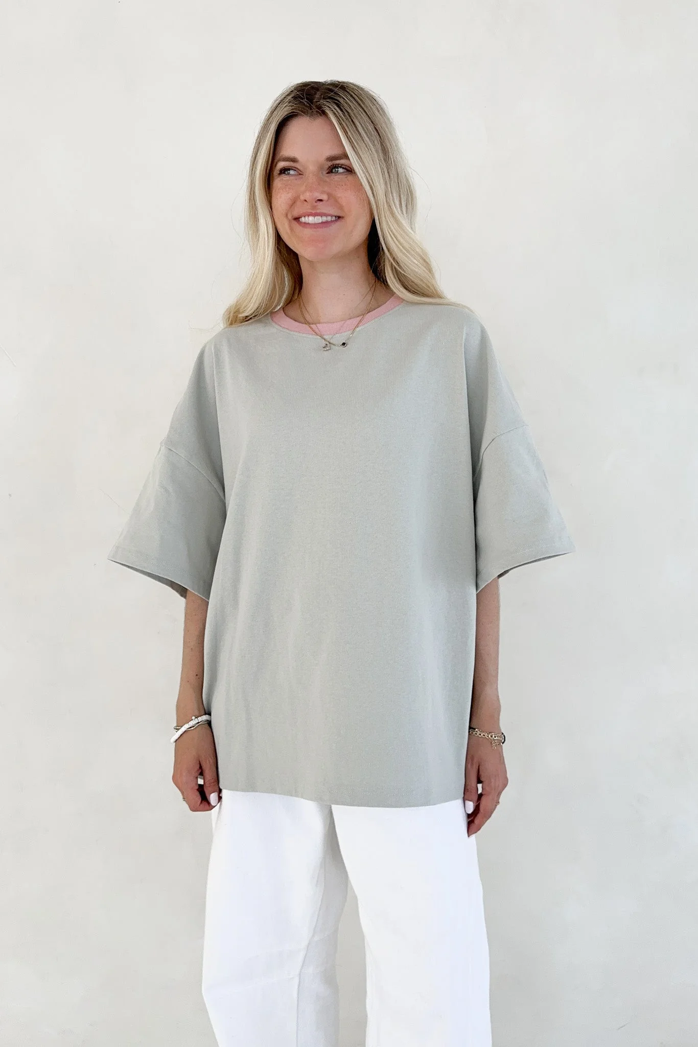 Charity Contrast Cotton Tee in Sage - Image 2