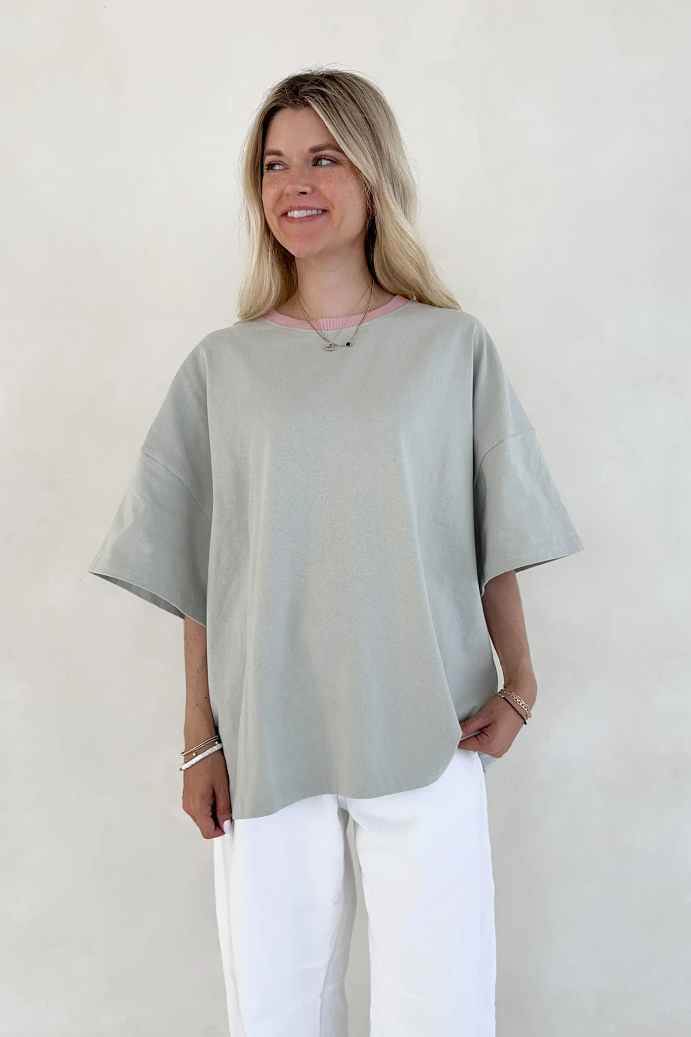 Charity Contrast Cotton Tee in Sage - Image 5
