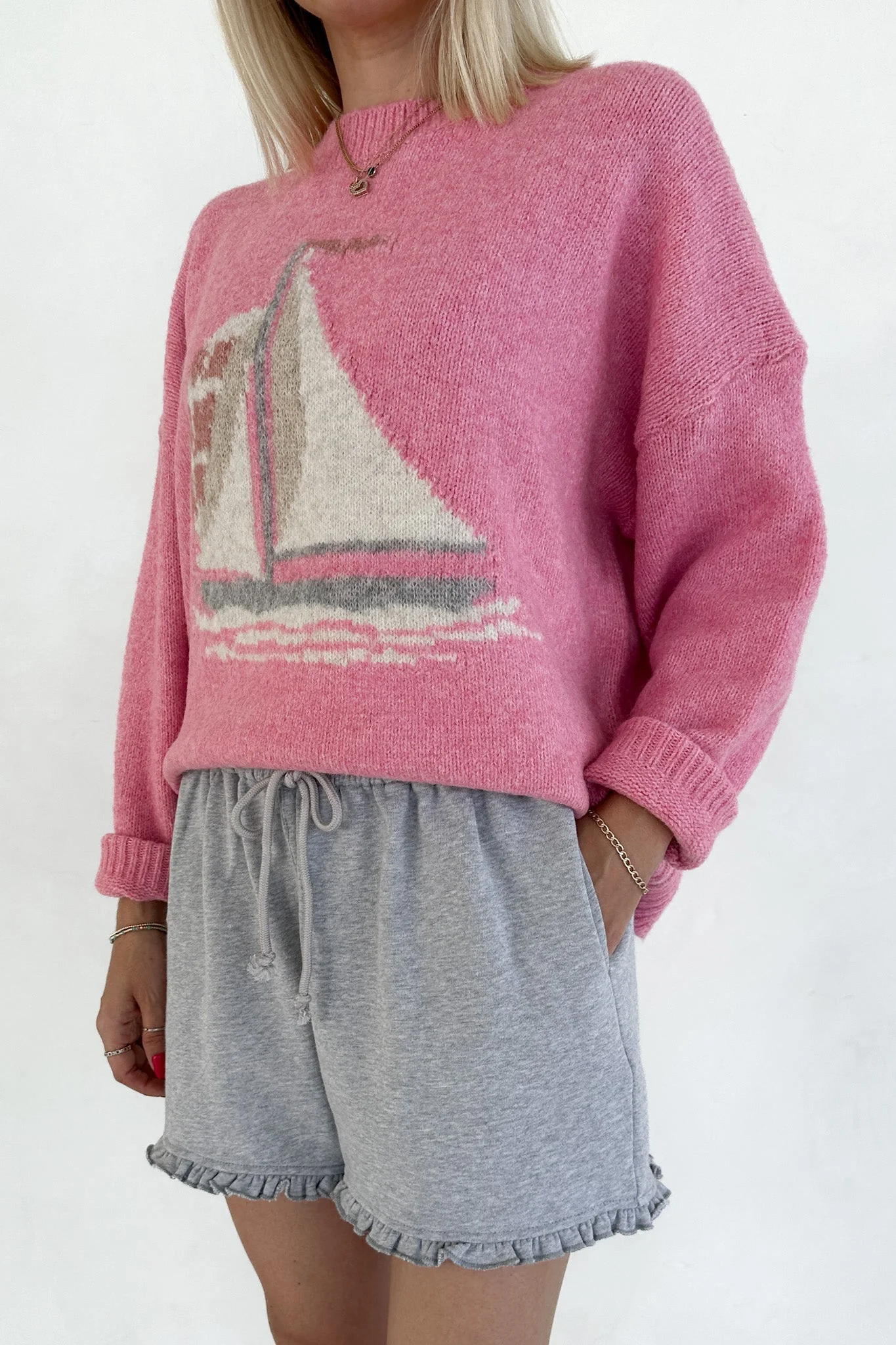 Clementine Ruffle Hem Knit Shorts in Grey - Image 4