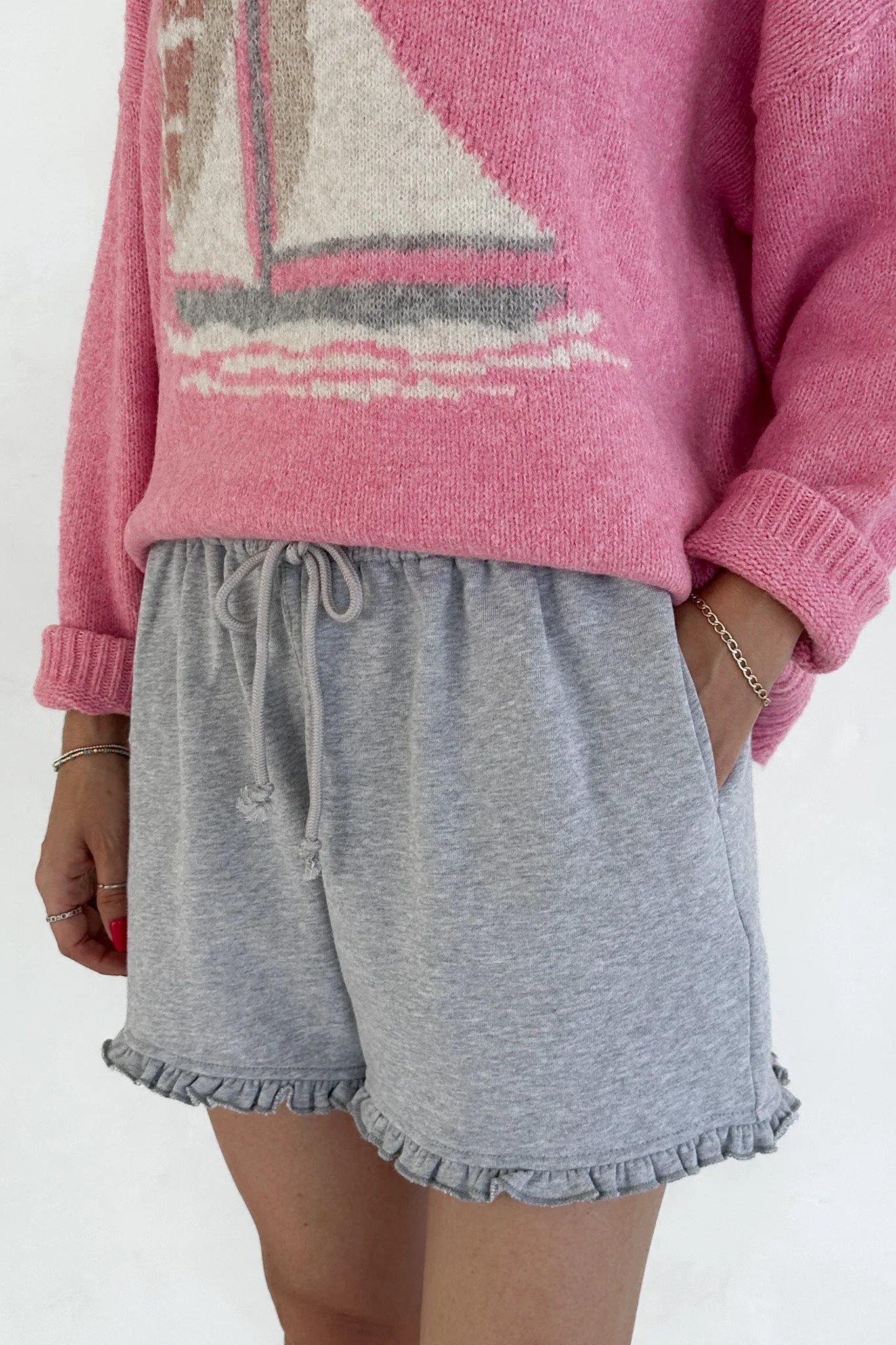 Clementine Ruffle Hem Knit Shorts in Grey - Image 7