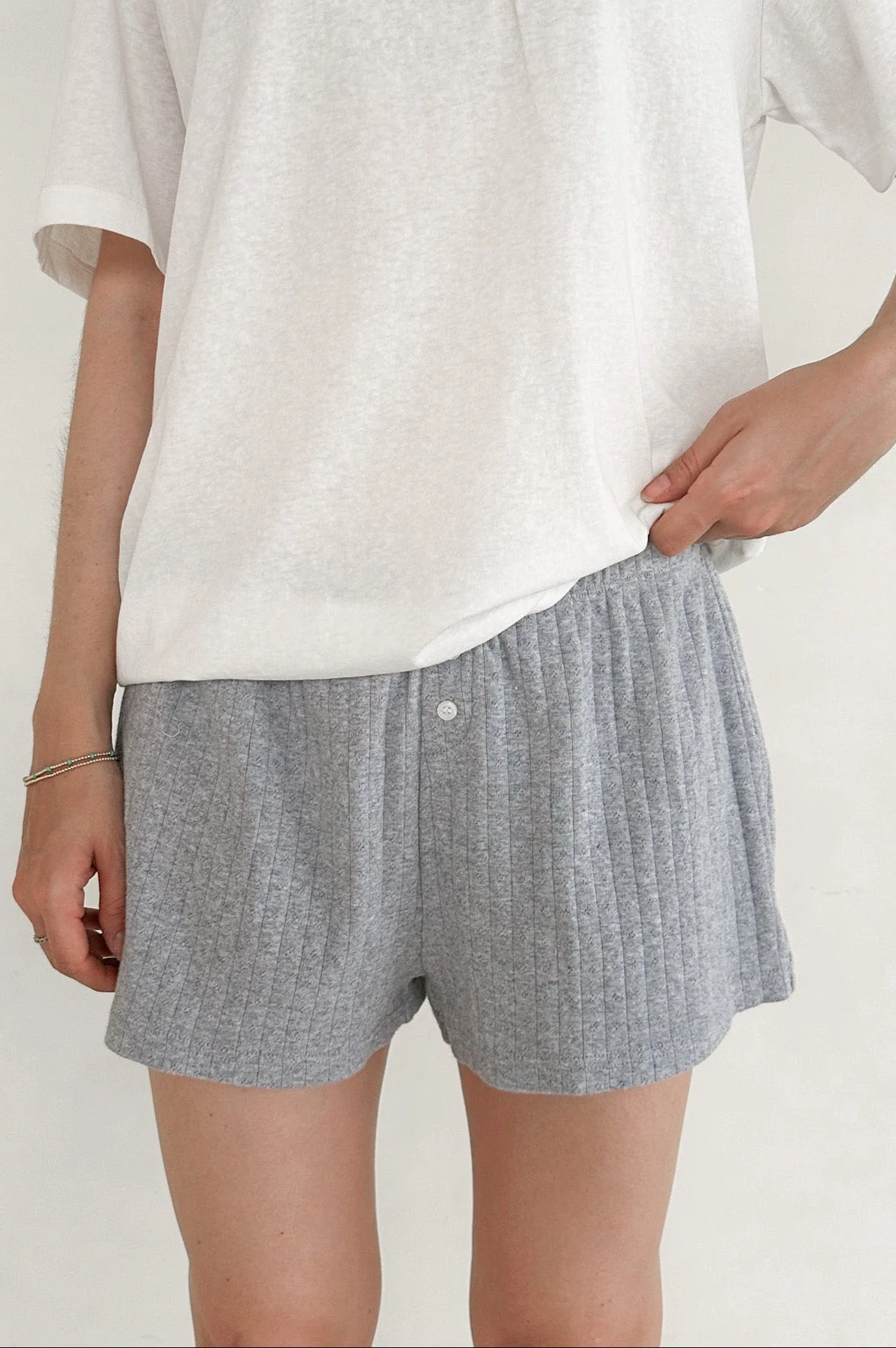 Daisy Pointelle Ribbed Knit Shorts in Heather Grey