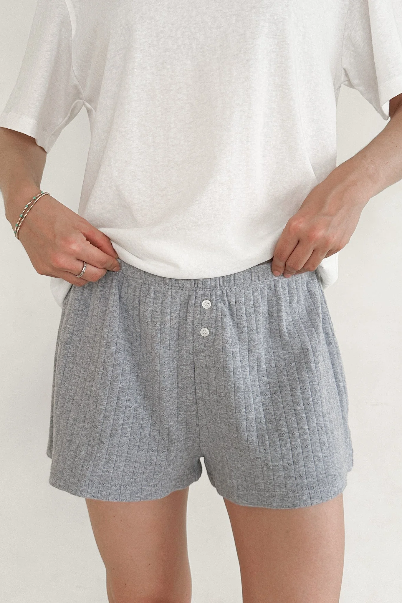 Daisy Pointelle Ribbed Knit Shorts in Heather Grey - Image 2
