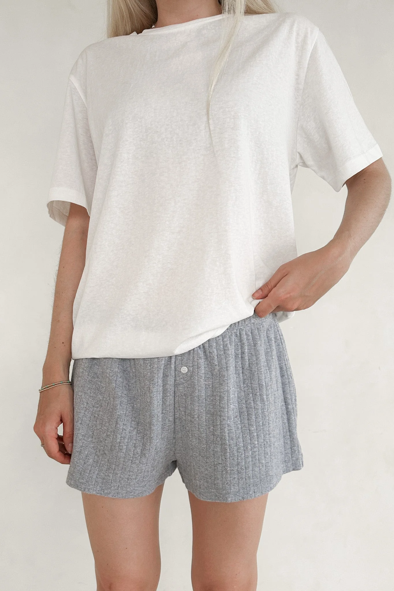 Daisy Pointelle Ribbed Knit Shorts in Heather Grey - Image 5