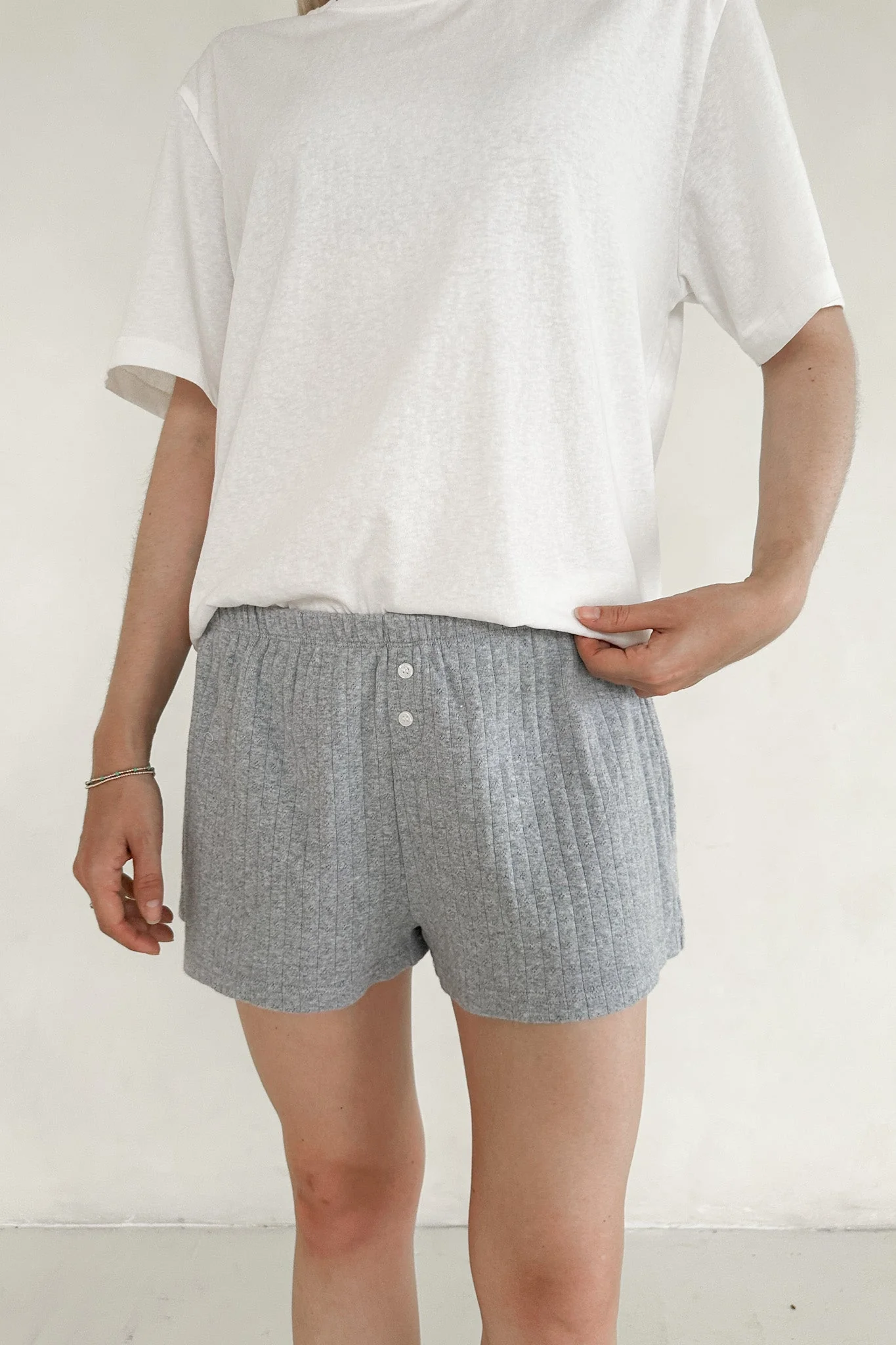 Daisy Pointelle Ribbed Knit Shorts in Heather Grey - Image 7