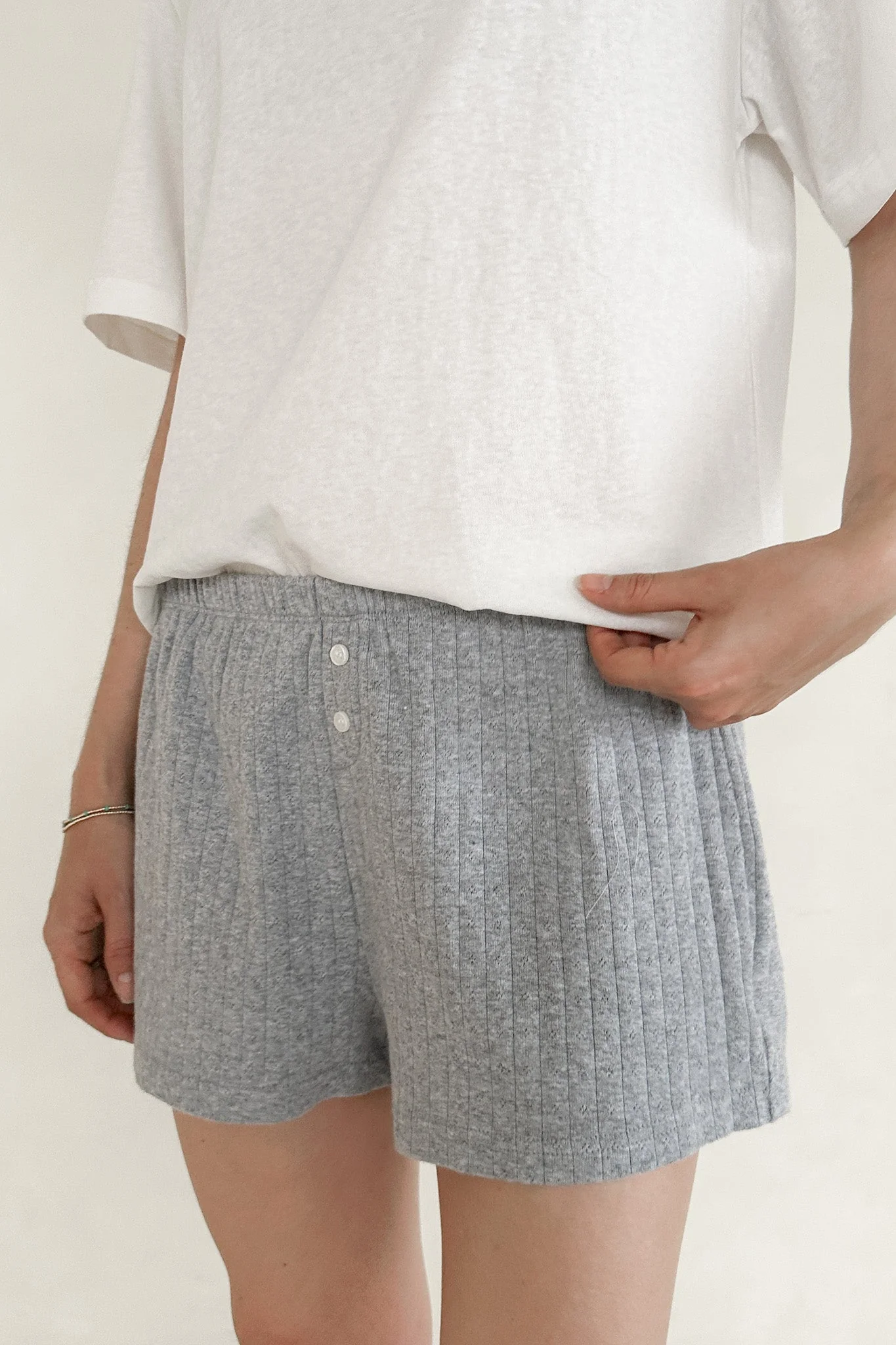 Daisy Pointelle Ribbed Knit Shorts in Heather Grey - Image 8