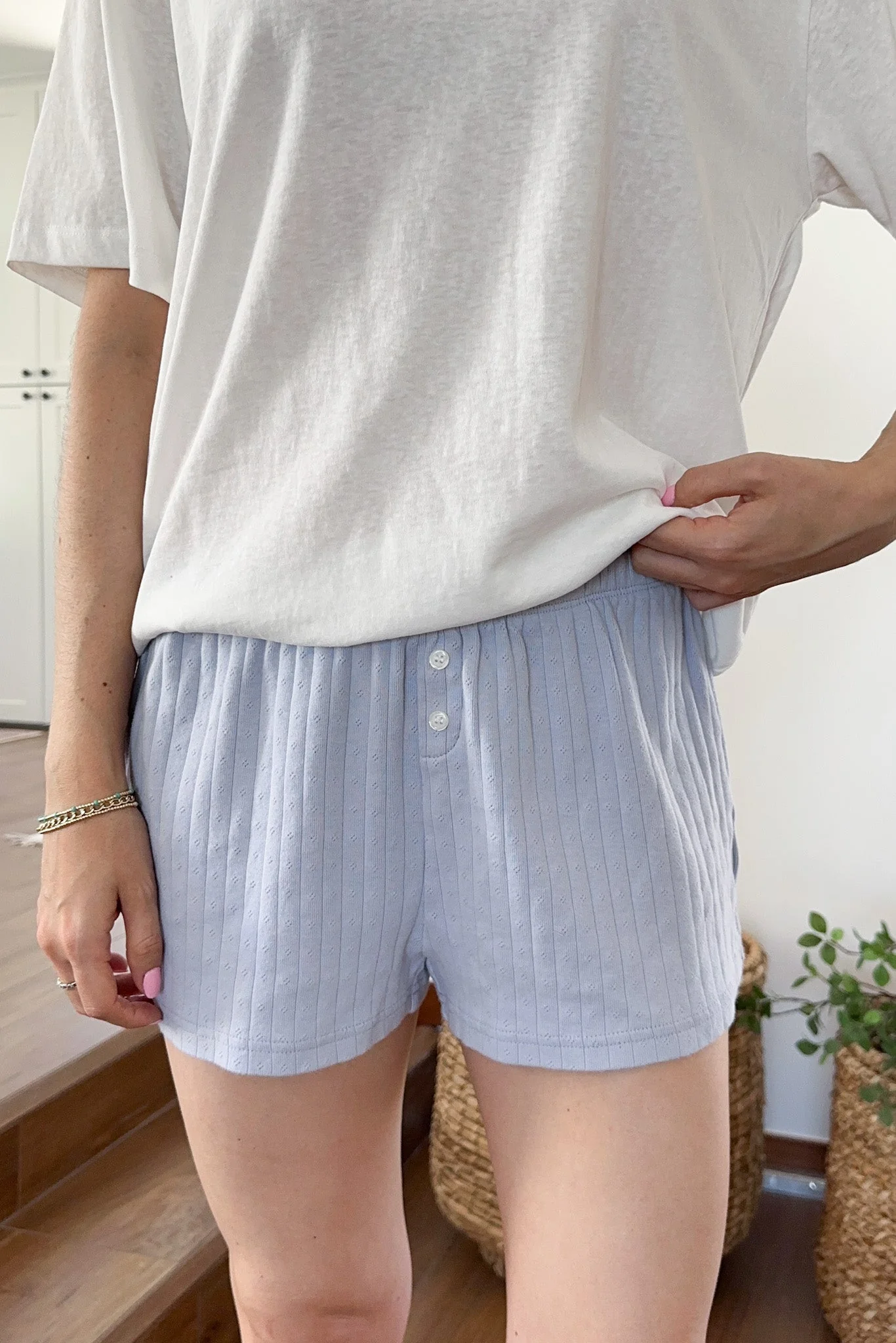 Daisy Pointelle Ribbed Knit Shorts in Dusty Blue
