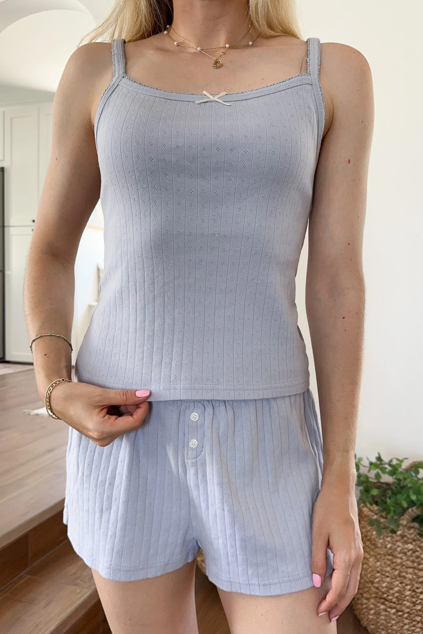 Daisy Pointelle Ribbed Knit Shorts in Dusty Blue - Image 3