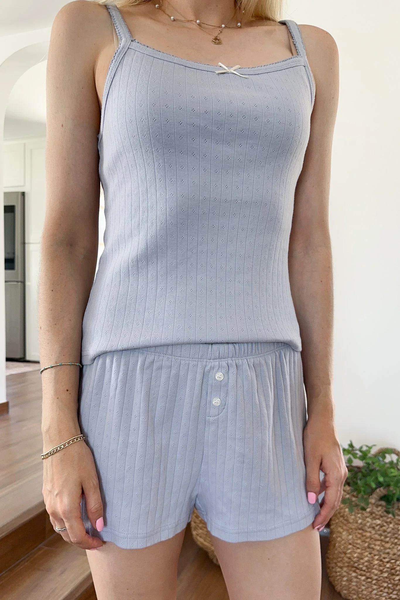 Daisy Pointelle Ribbed Knit Shorts in Dusty Blue - Image 4