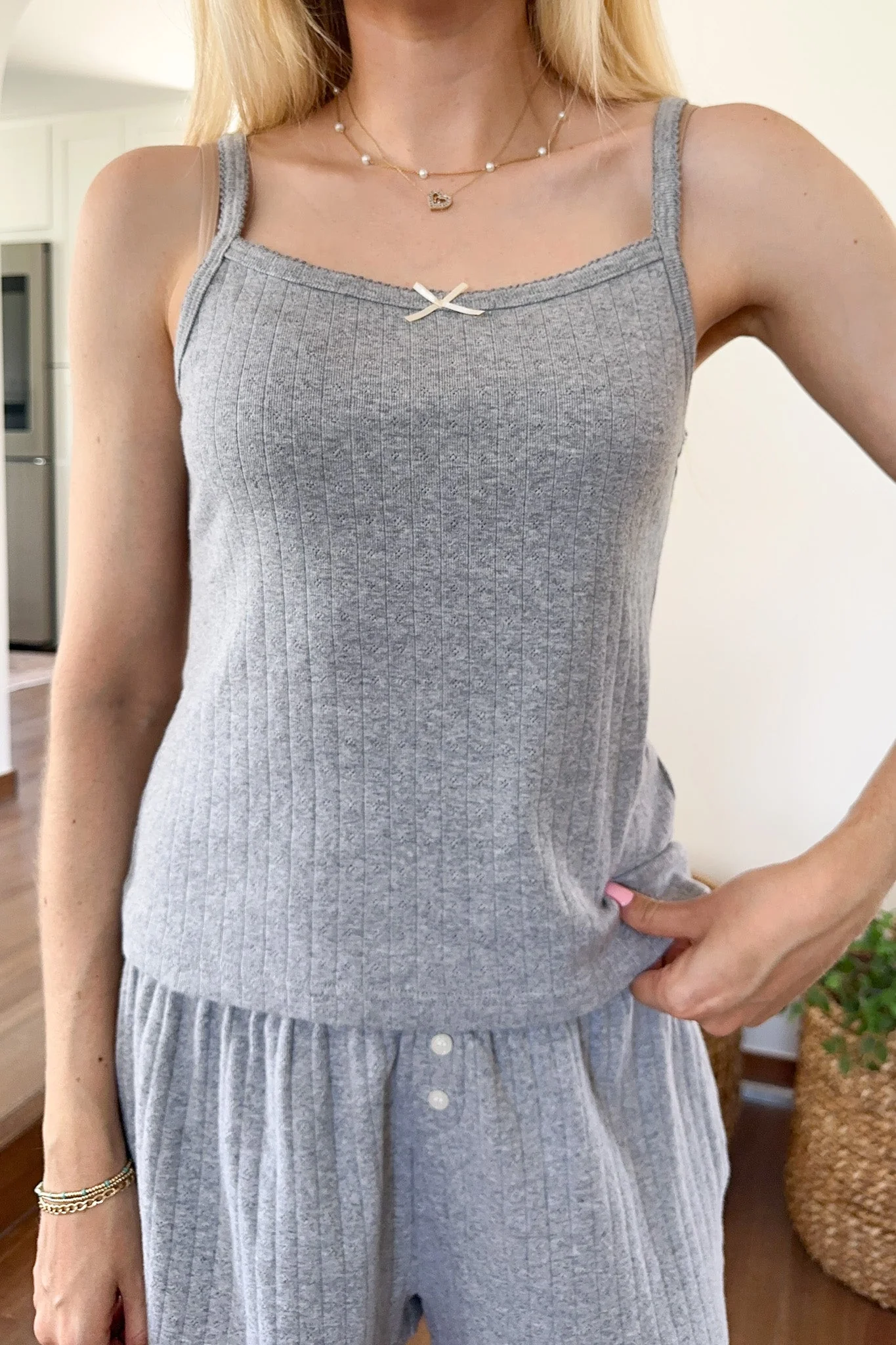 Daisy Pointelle Ribbed Knit Tank Top in Heather Grey