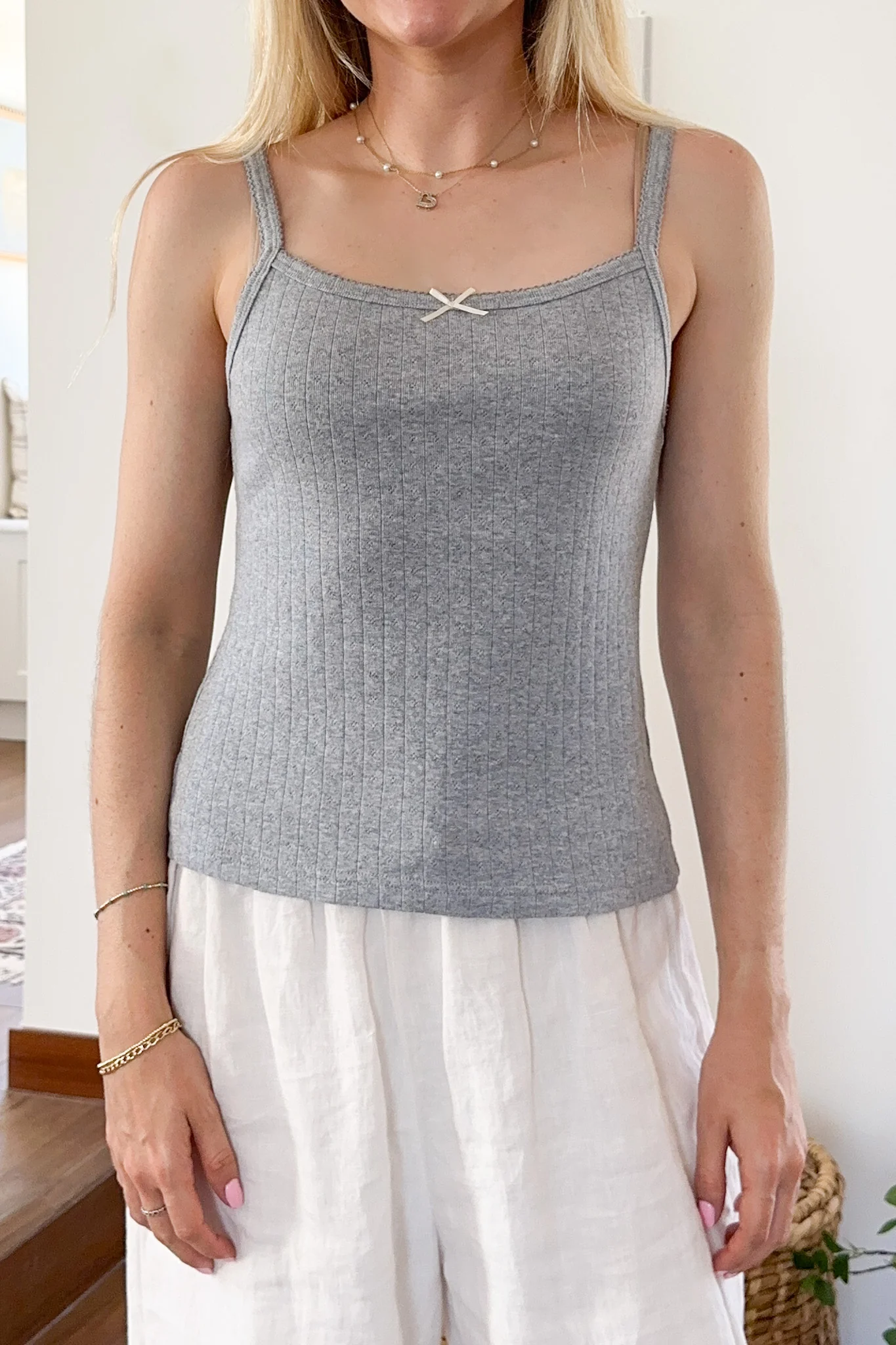 Daisy Pointelle Ribbed Knit Tank Top in Heather Grey - Image 2