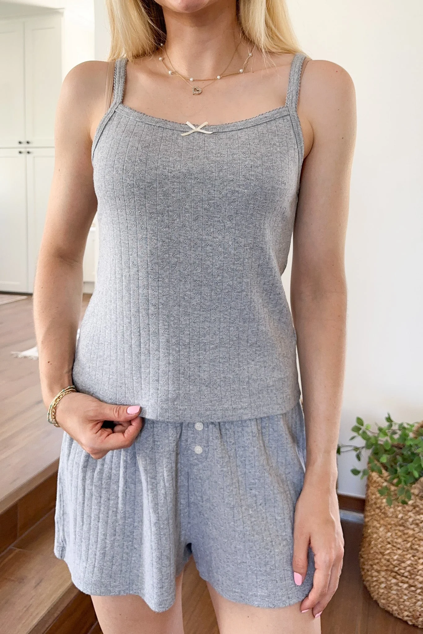 Daisy Pointelle Ribbed Knit Tank Top in Heather Grey - Image 3