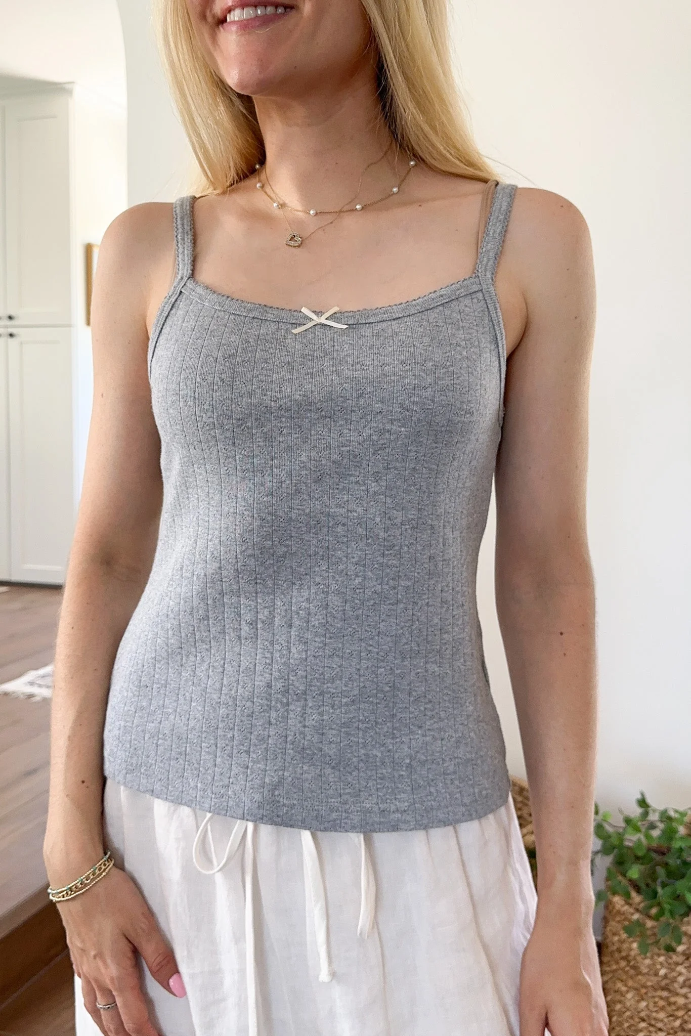 Daisy Pointelle Ribbed Knit Tank Top in Heather Grey - Image 6