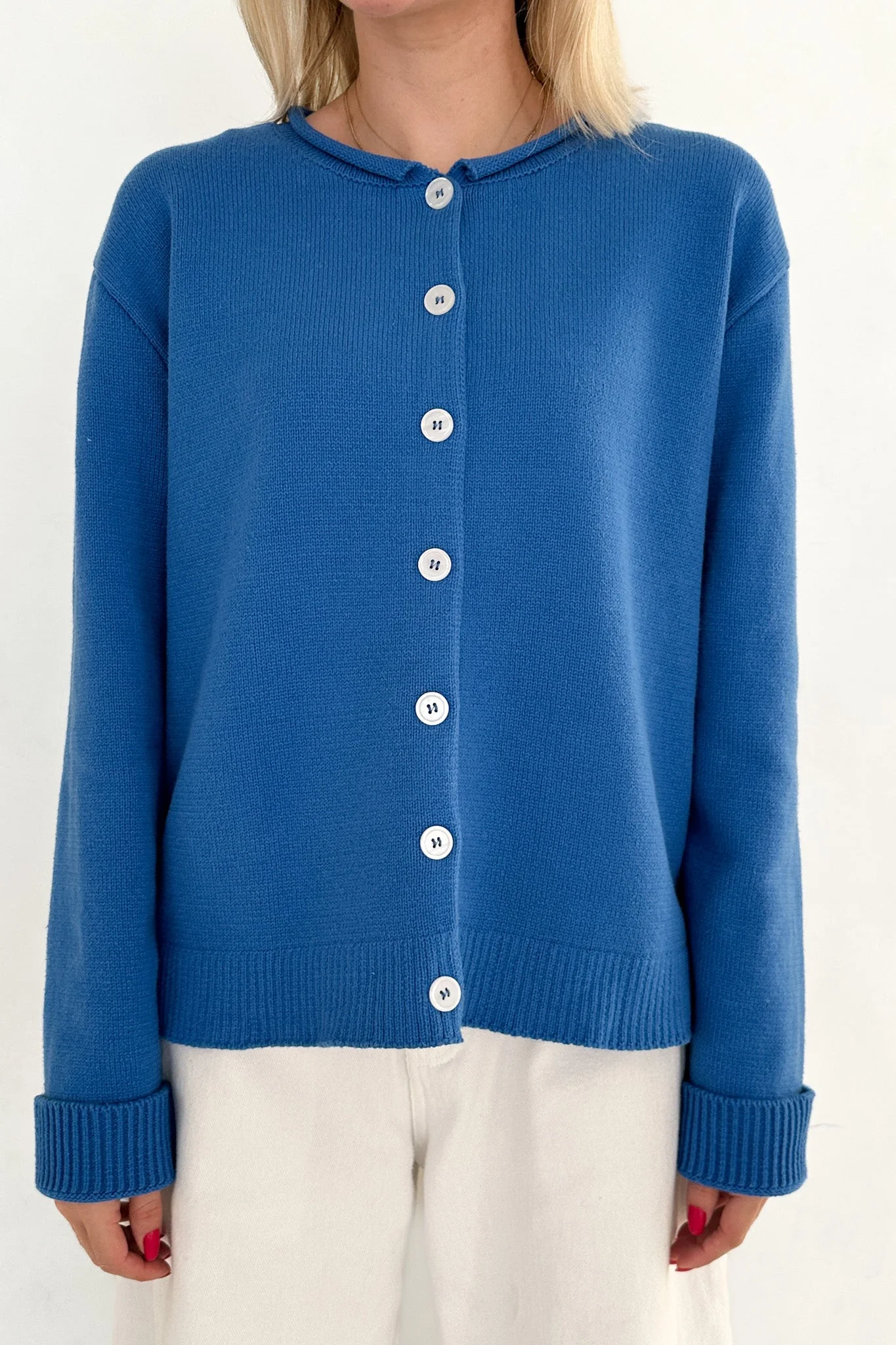Daisy Rolled Neckline Button Up Cotton Cardigan in Royal