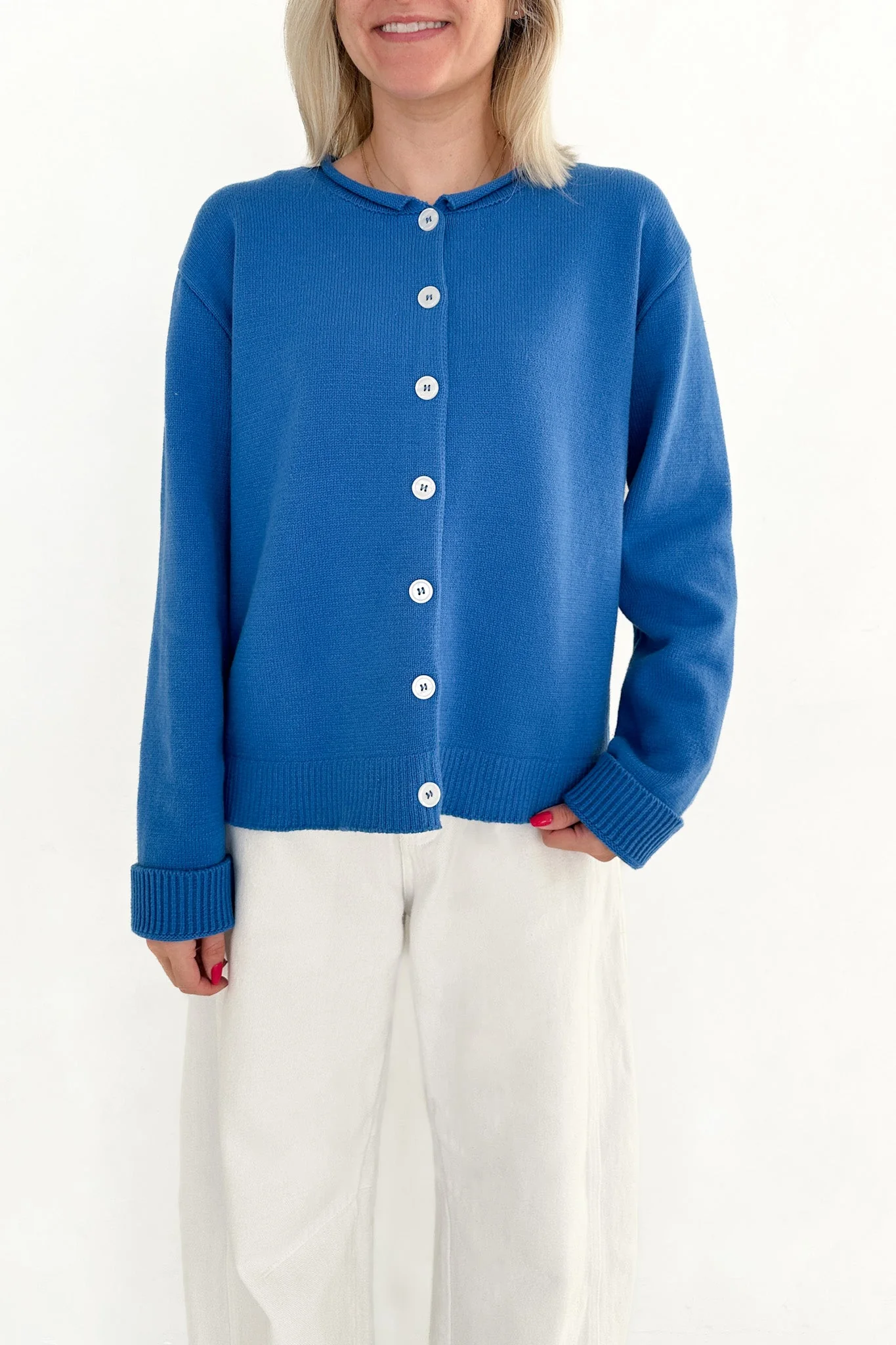 Daisy Rolled Neckline Button Up Cotton Cardigan in Royal - Image 2