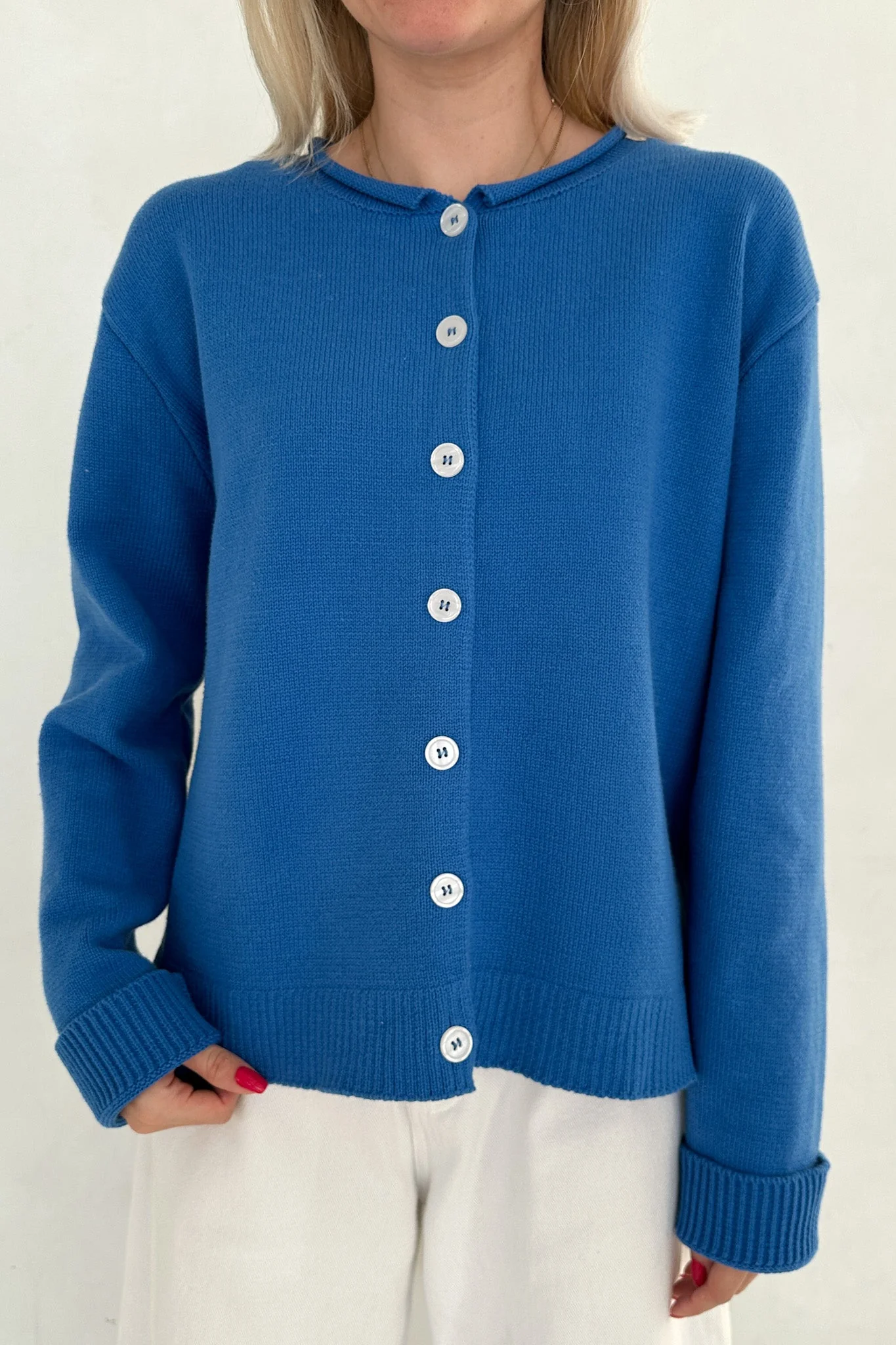 Daisy Rolled Neckline Button Up Cotton Cardigan in Royal - Image 5
