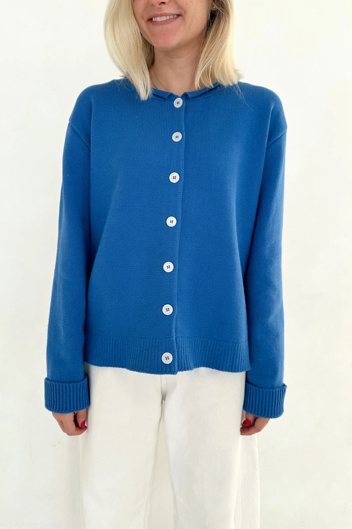 Daisy Rolled Neckline Button Up Cotton Cardigan in Royal - Image 6