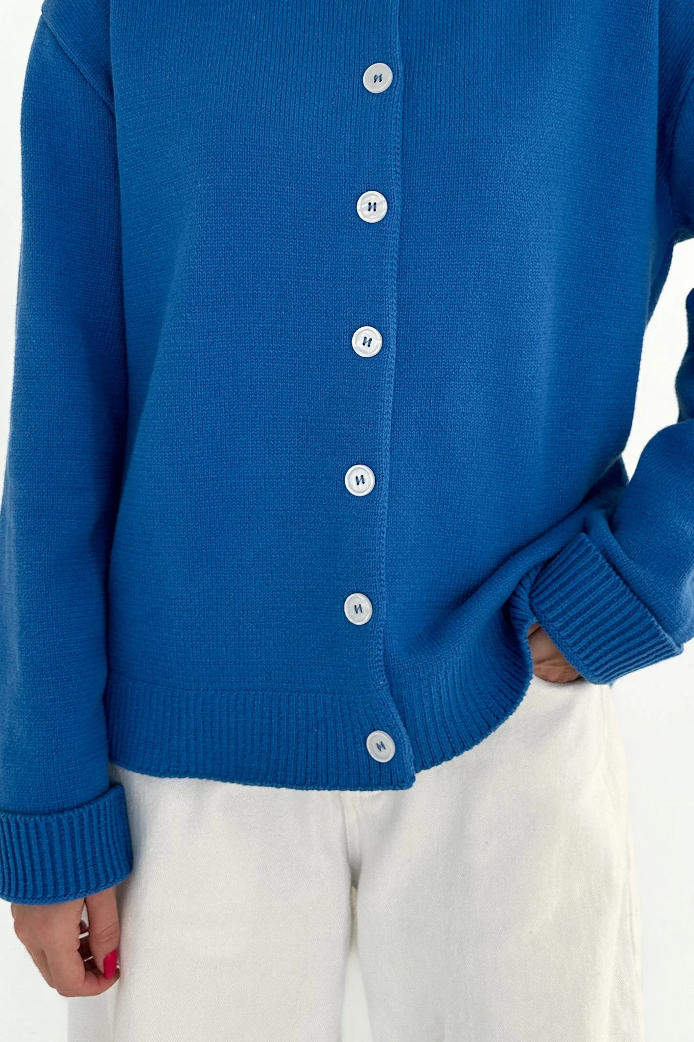 Daisy Rolled Neckline Button Up Cotton Cardigan in Royal - Image 8