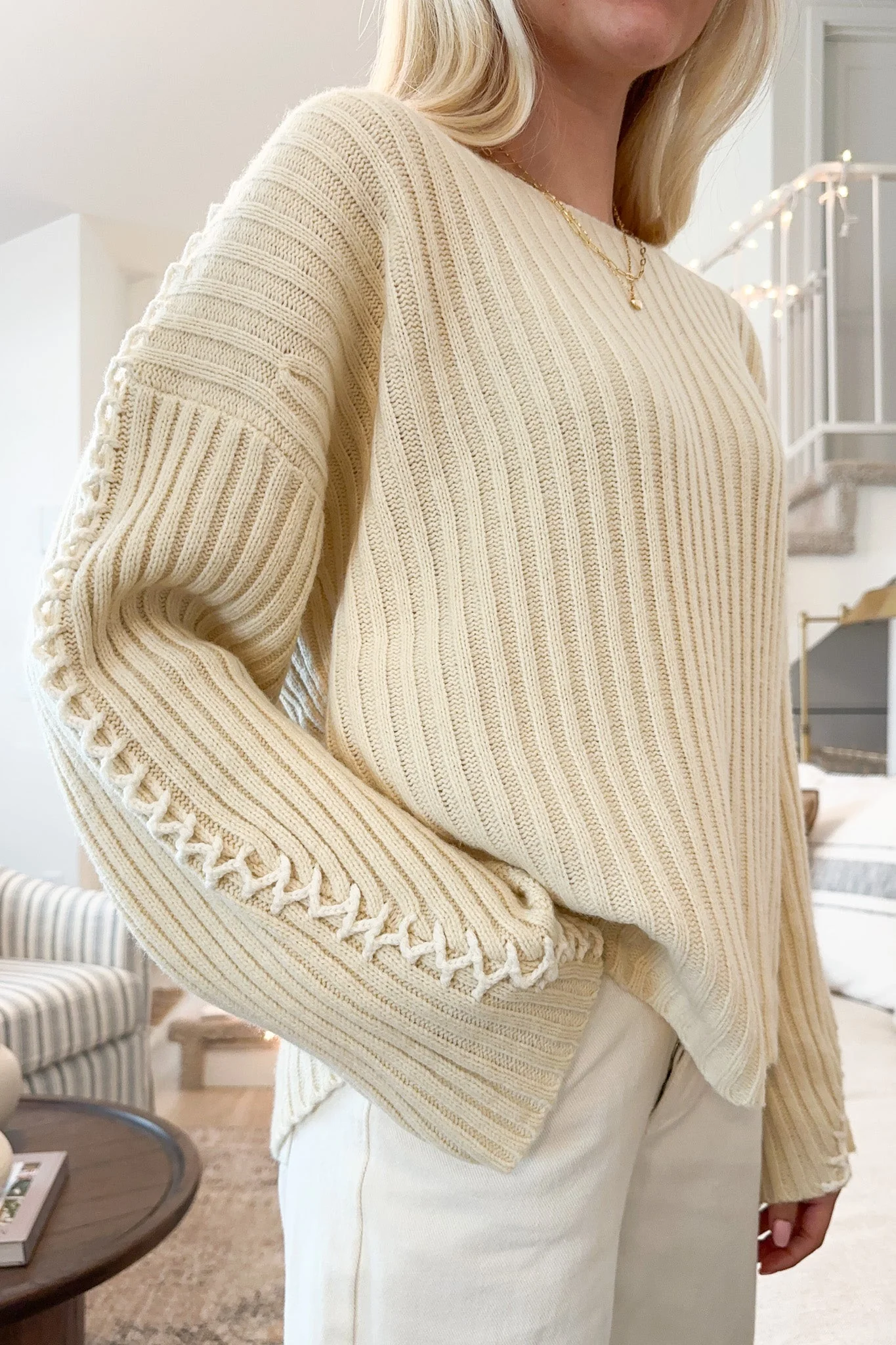 Daisy Stitch Details Knit Sweater in Natural - Image 5