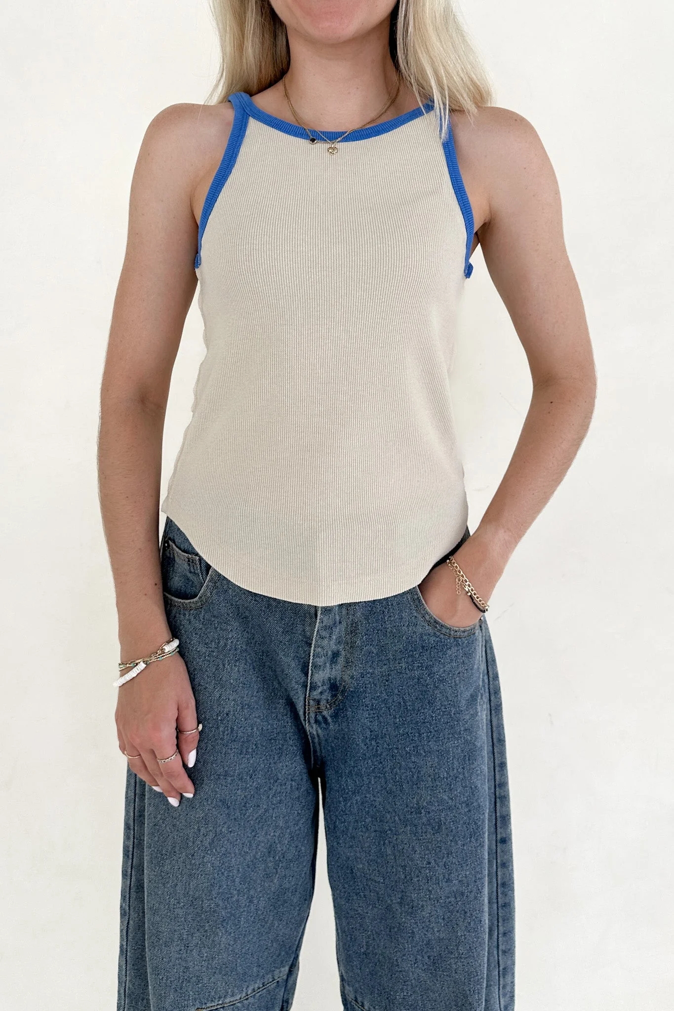 Daydreamer Color Block Tank Top in Blue and Stone - Image 7