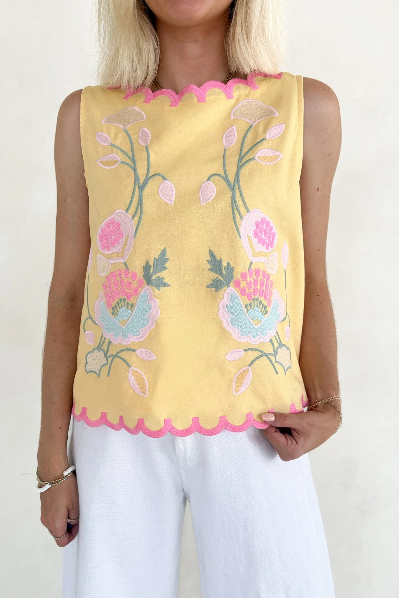 Eloise Sleeveless Floral Embroidered Top in Butter