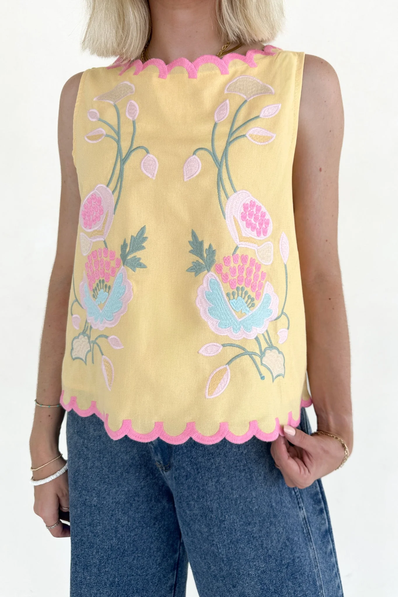 Eloise Sleeveless Floral Embroidered Top in Butter - Image 2