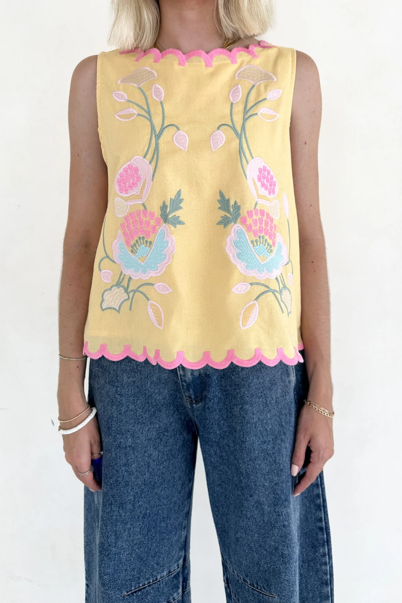 Eloise Sleeveless Floral Embroidered Top in Butter - Image 3