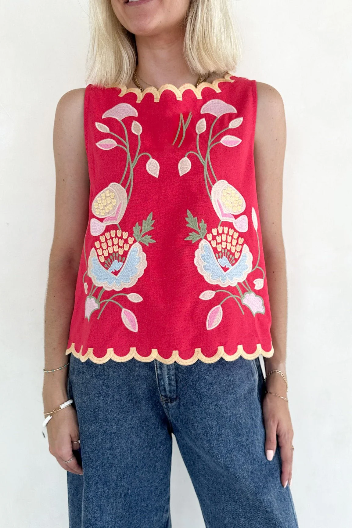 Eloise Sleeveless Floral Embroidered Top in Raspberry