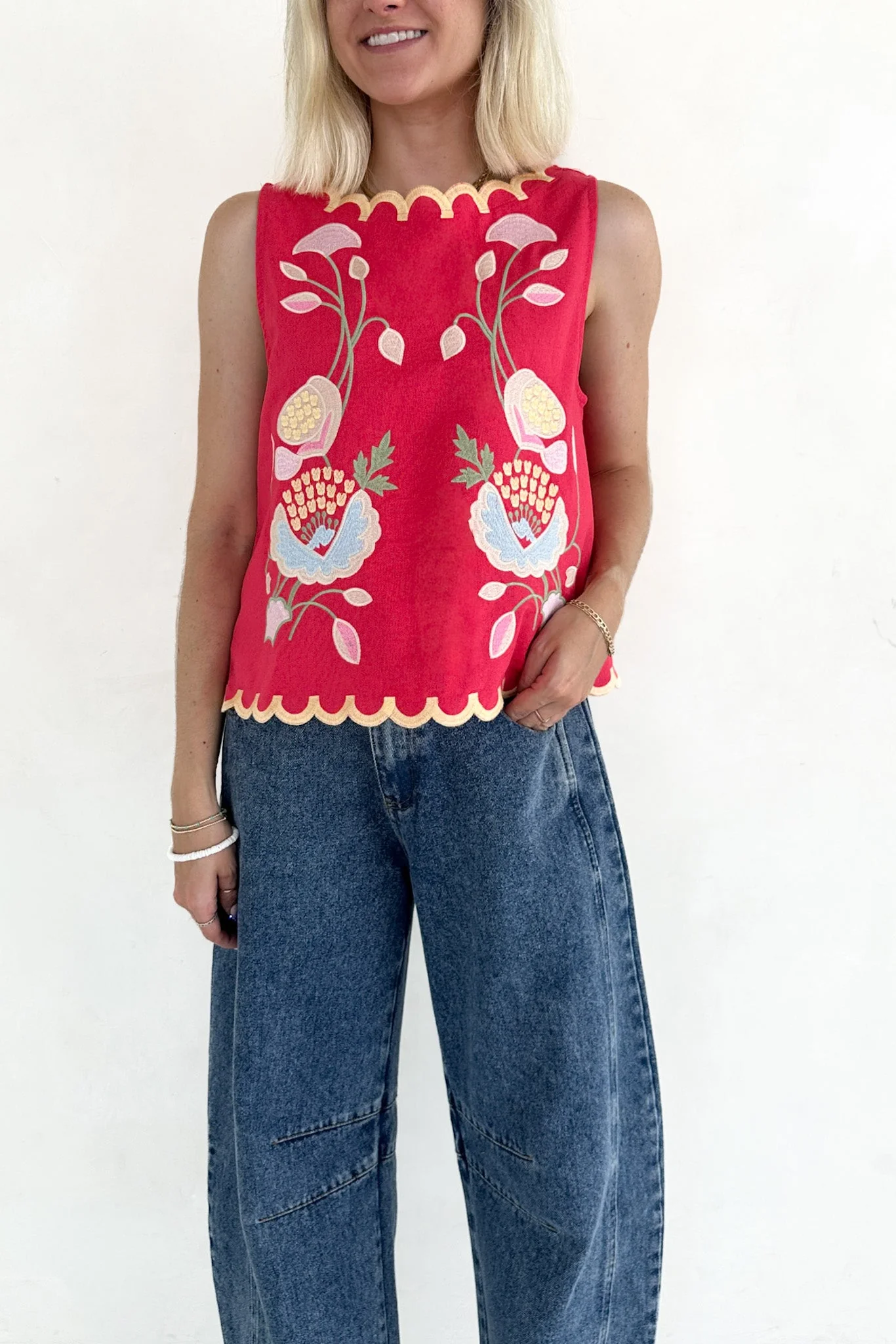 Eloise Sleeveless Floral Embroidered Top in Raspberry - Image 10