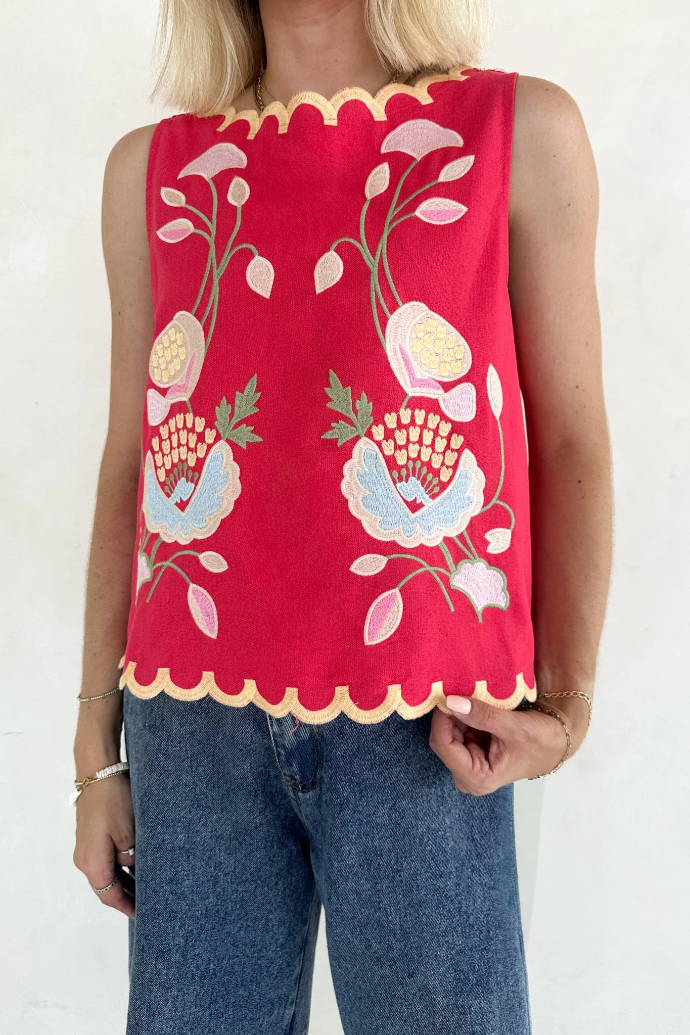 Eloise Sleeveless Floral Embroidered Top in Raspberry - Image 2