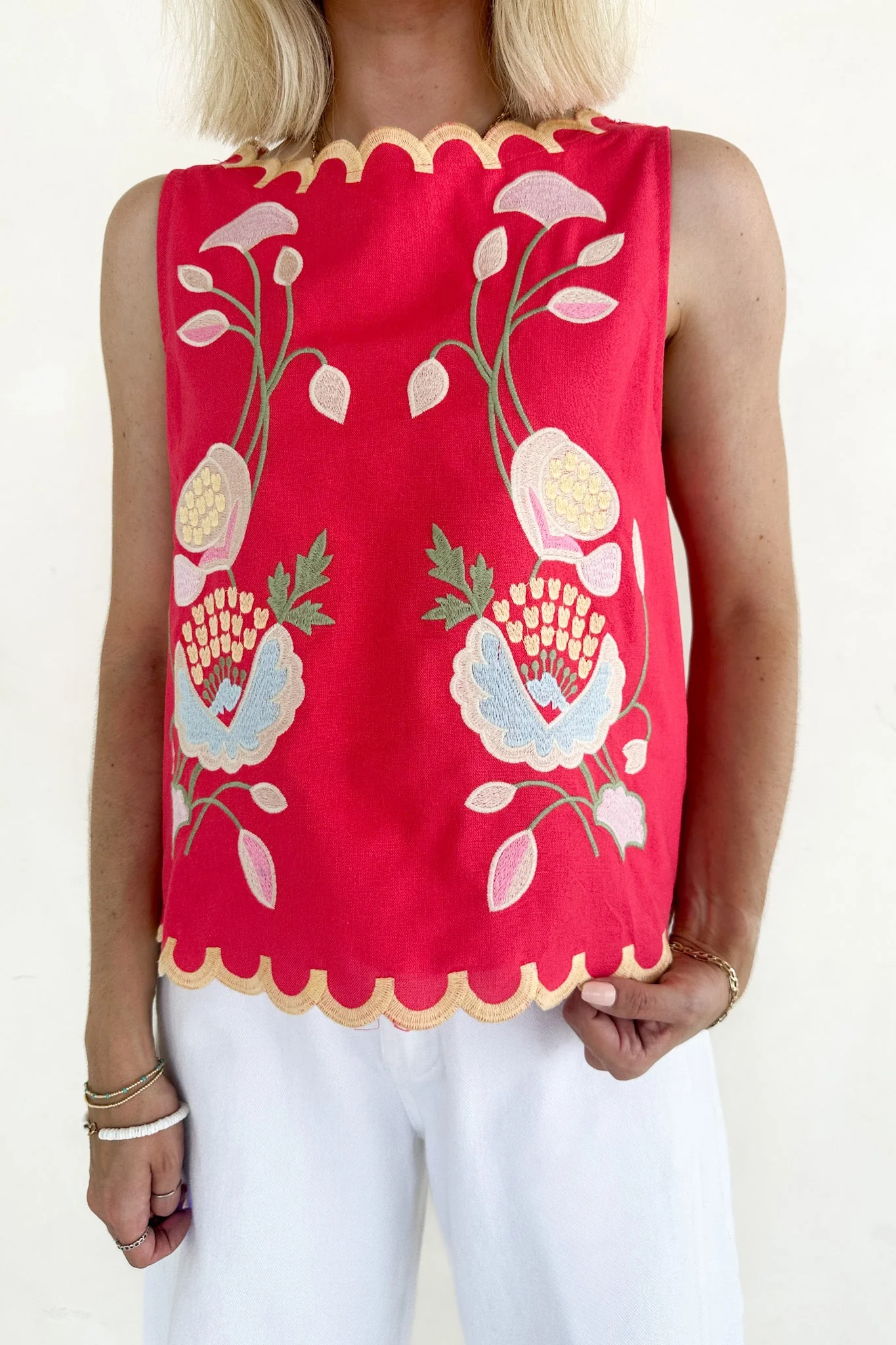 Eloise Sleeveless Floral Embroidered Top in Raspberry - Image 7