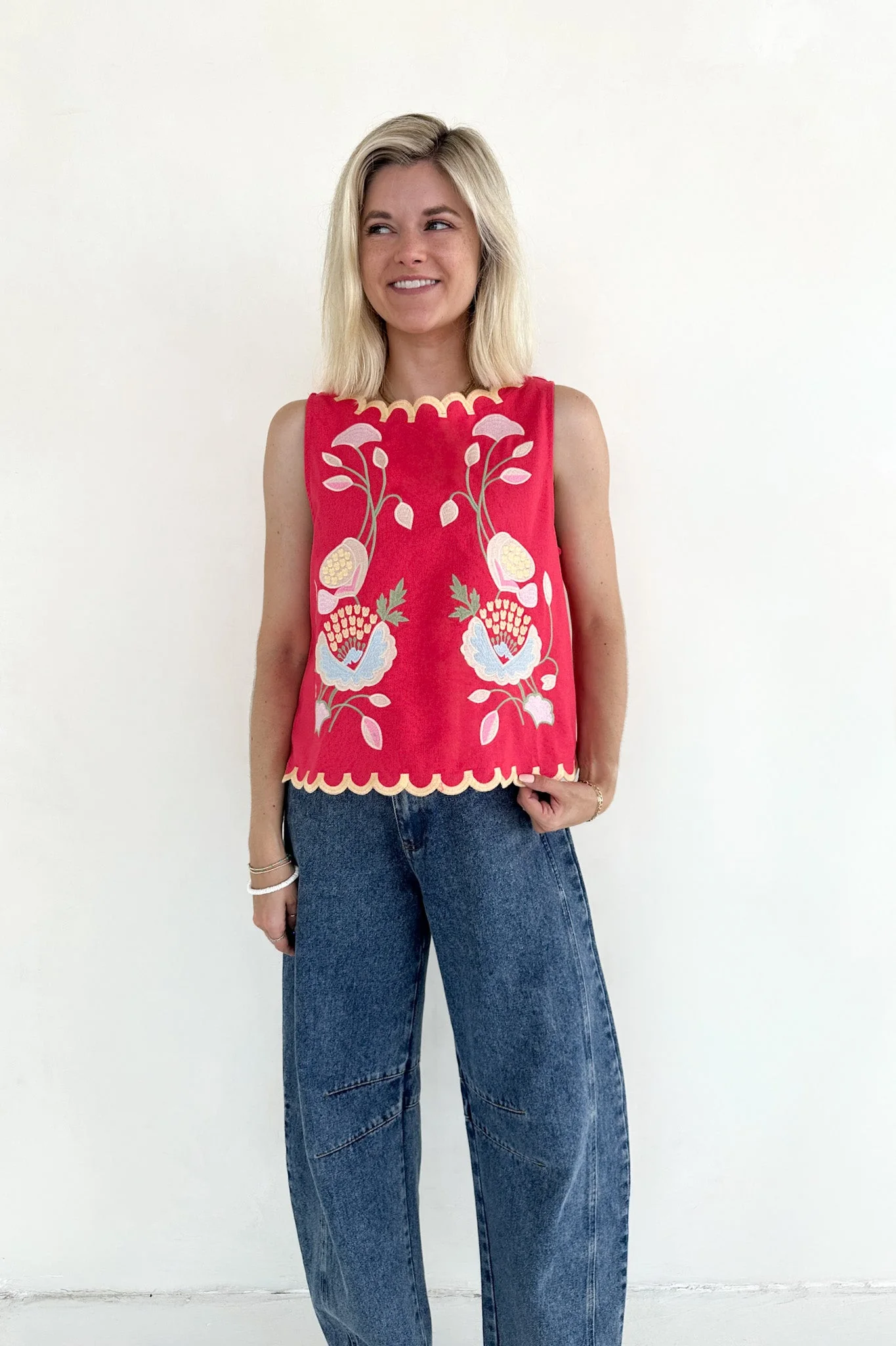 Eloise Sleeveless Floral Embroidered Top in Raspberry - Image 9