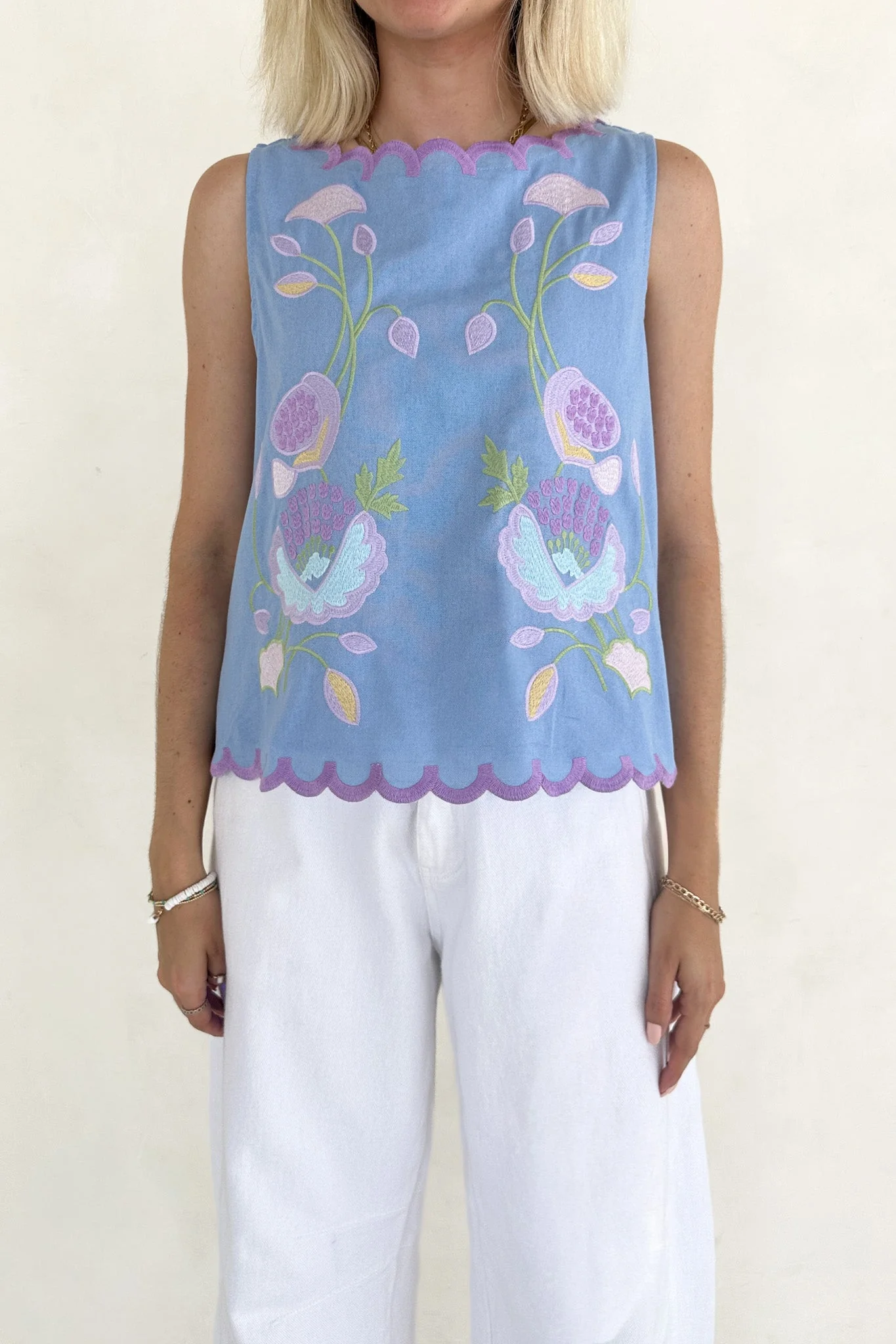 Eloise Sleeveless Floral Embroidered Top in Sky Blue - Image 2