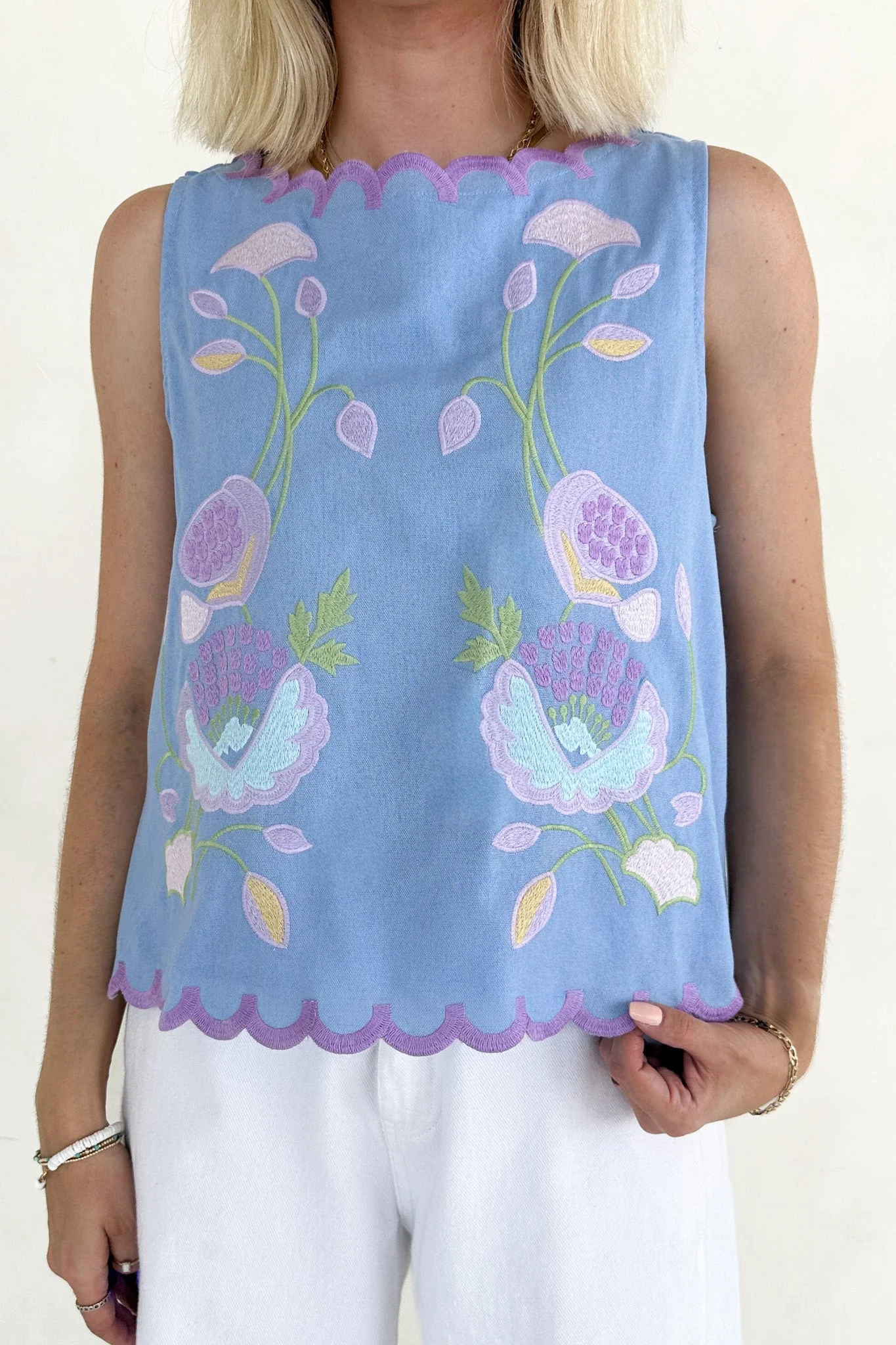 Eloise Sleeveless Floral Embroidered Top in Sky Blue - Image 3