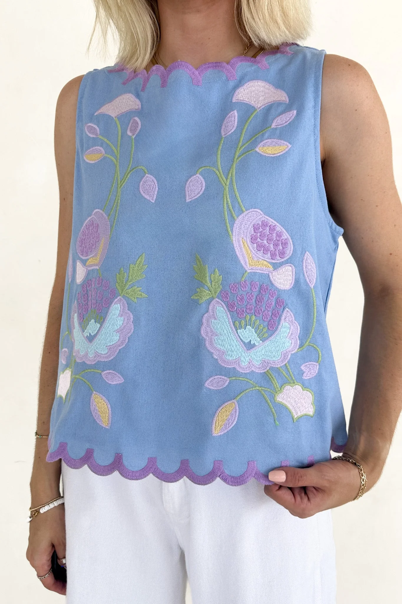 Eloise Sleeveless Floral Embroidered Top in Sky Blue - Image 6
