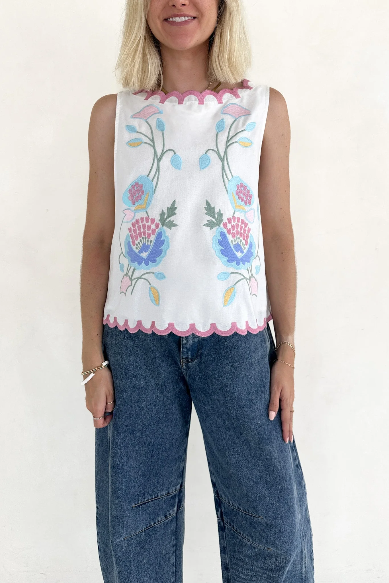 Eloise Sleeveless Floral Embroidered Top in White