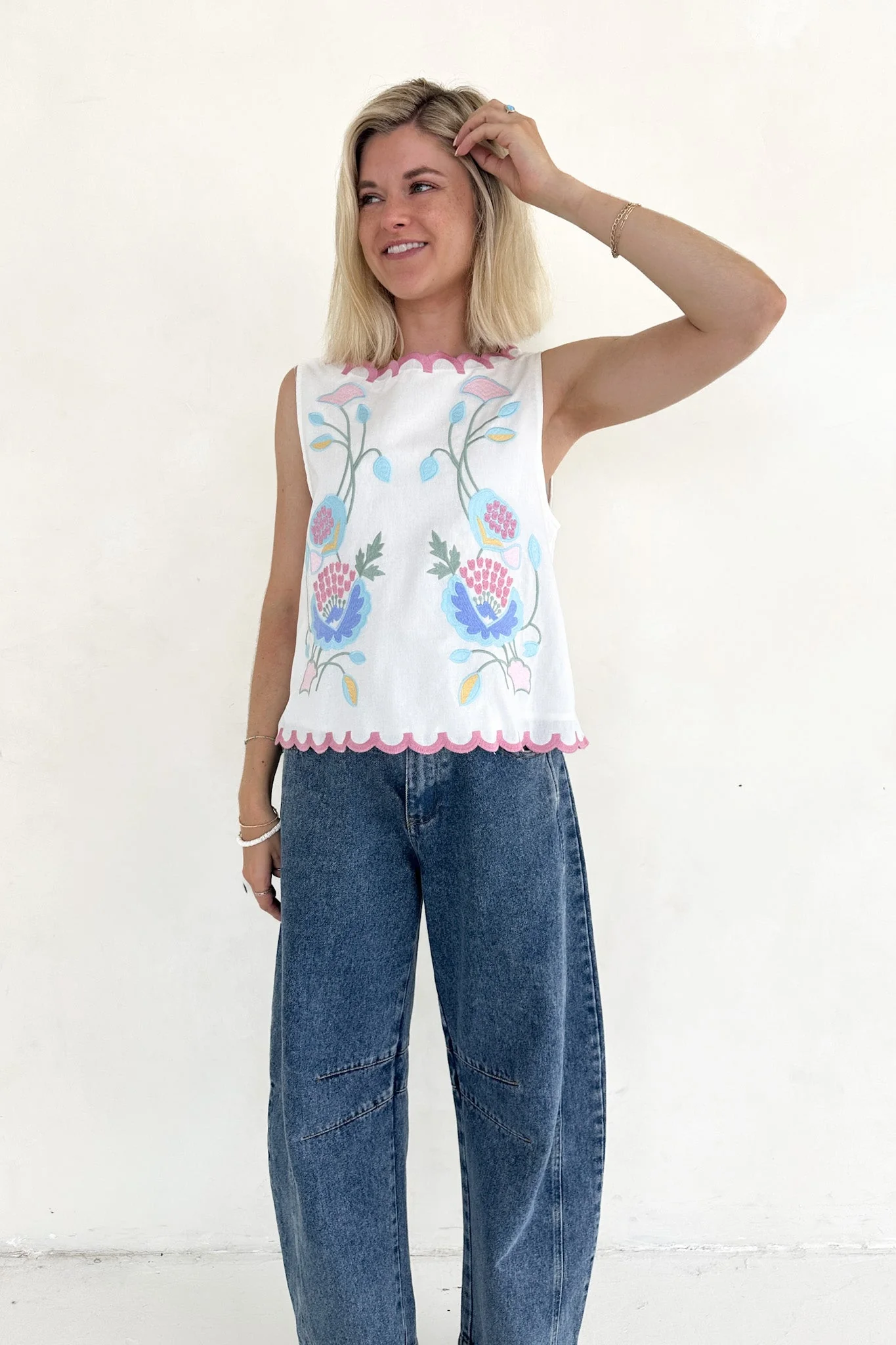 Eloise Sleeveless Floral Embroidered Top in White - Image 10