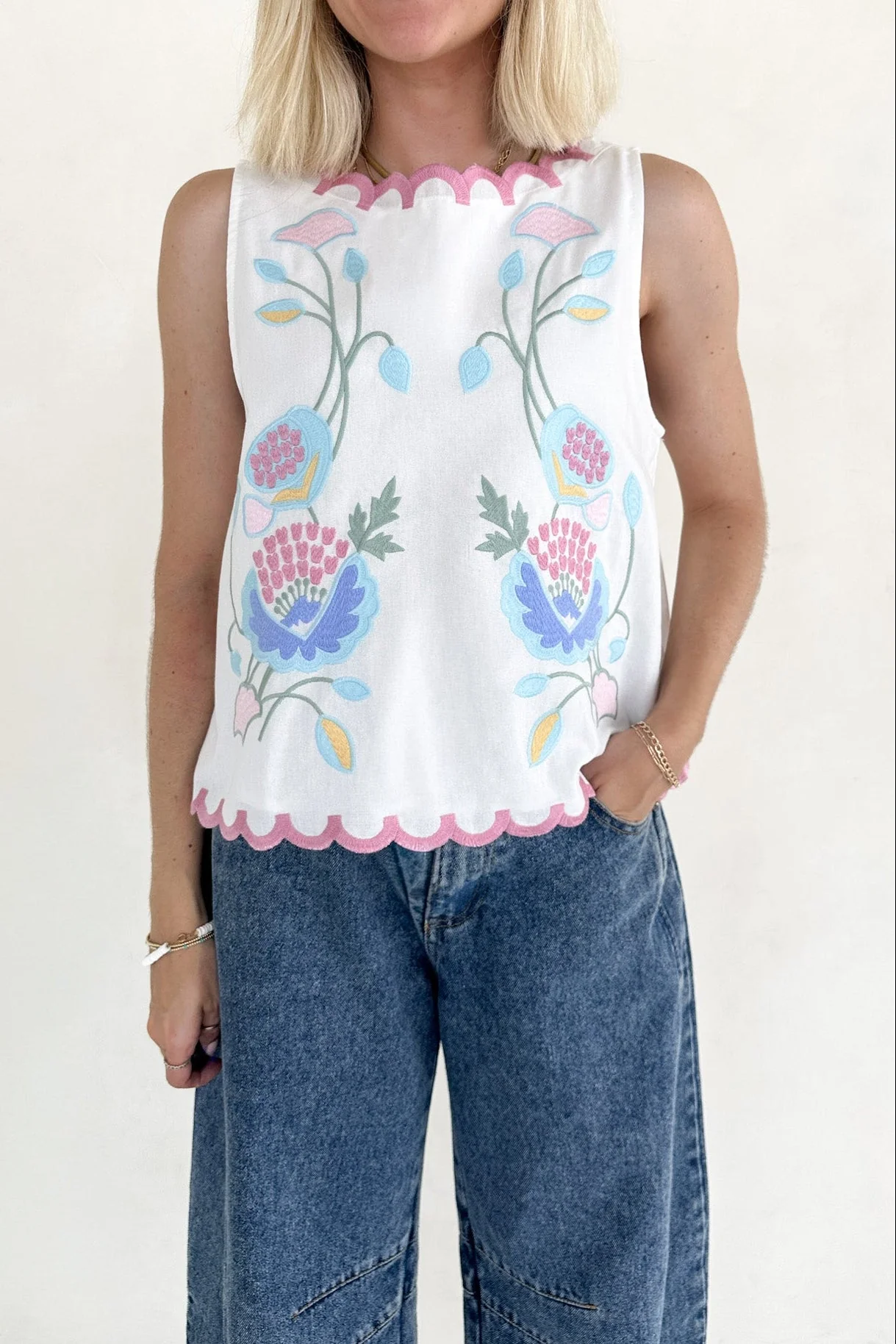 Eloise Sleeveless Floral Embroidered Top in White - Image 2