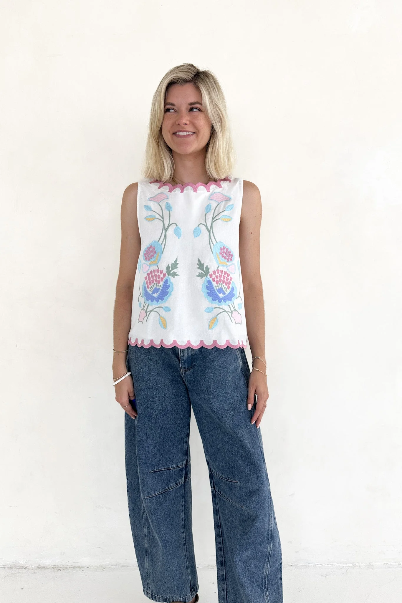 Eloise Sleeveless Floral Embroidered Top in White - Image 3