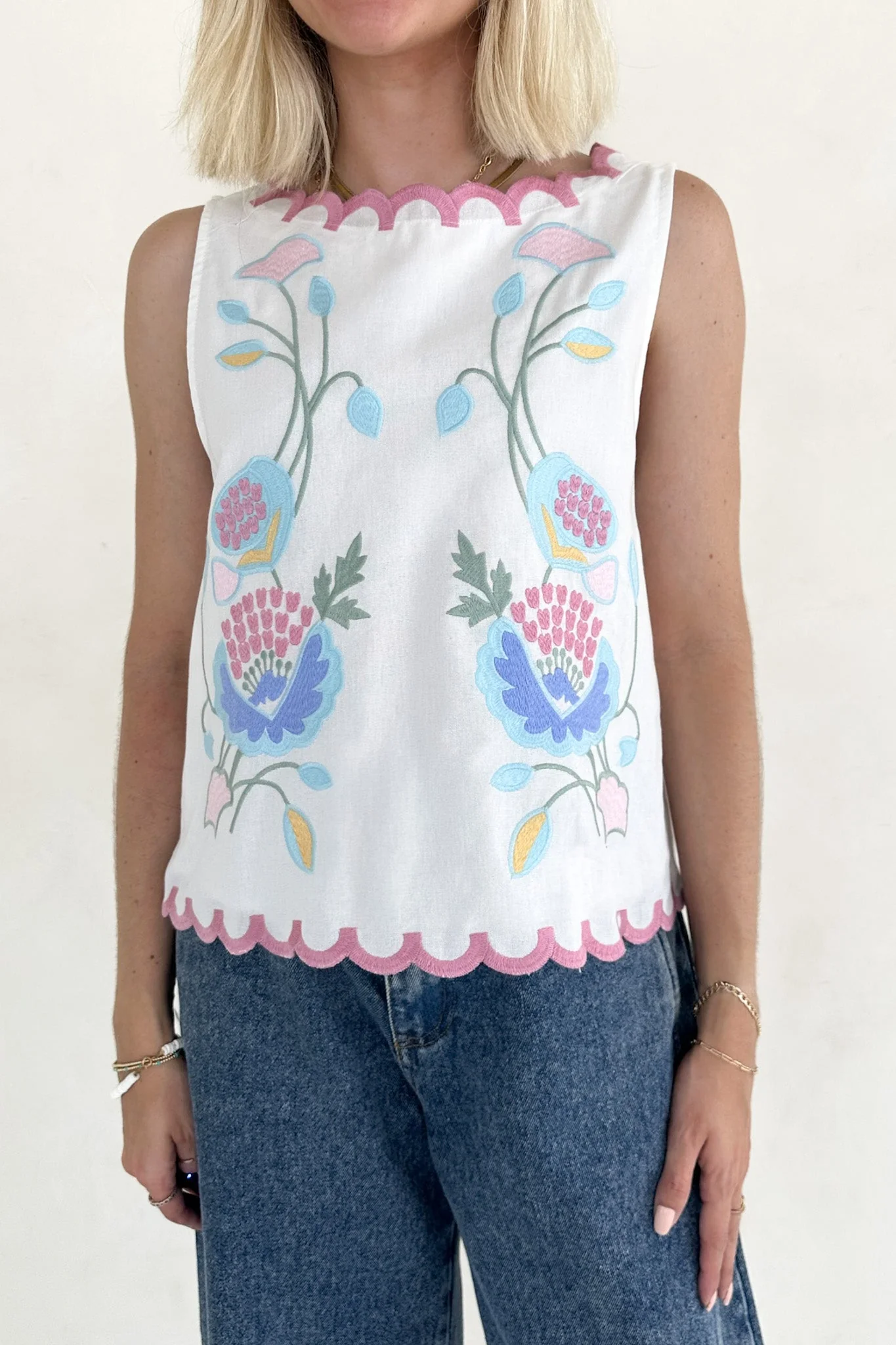Eloise Sleeveless Floral Embroidered Top in White - Image 6