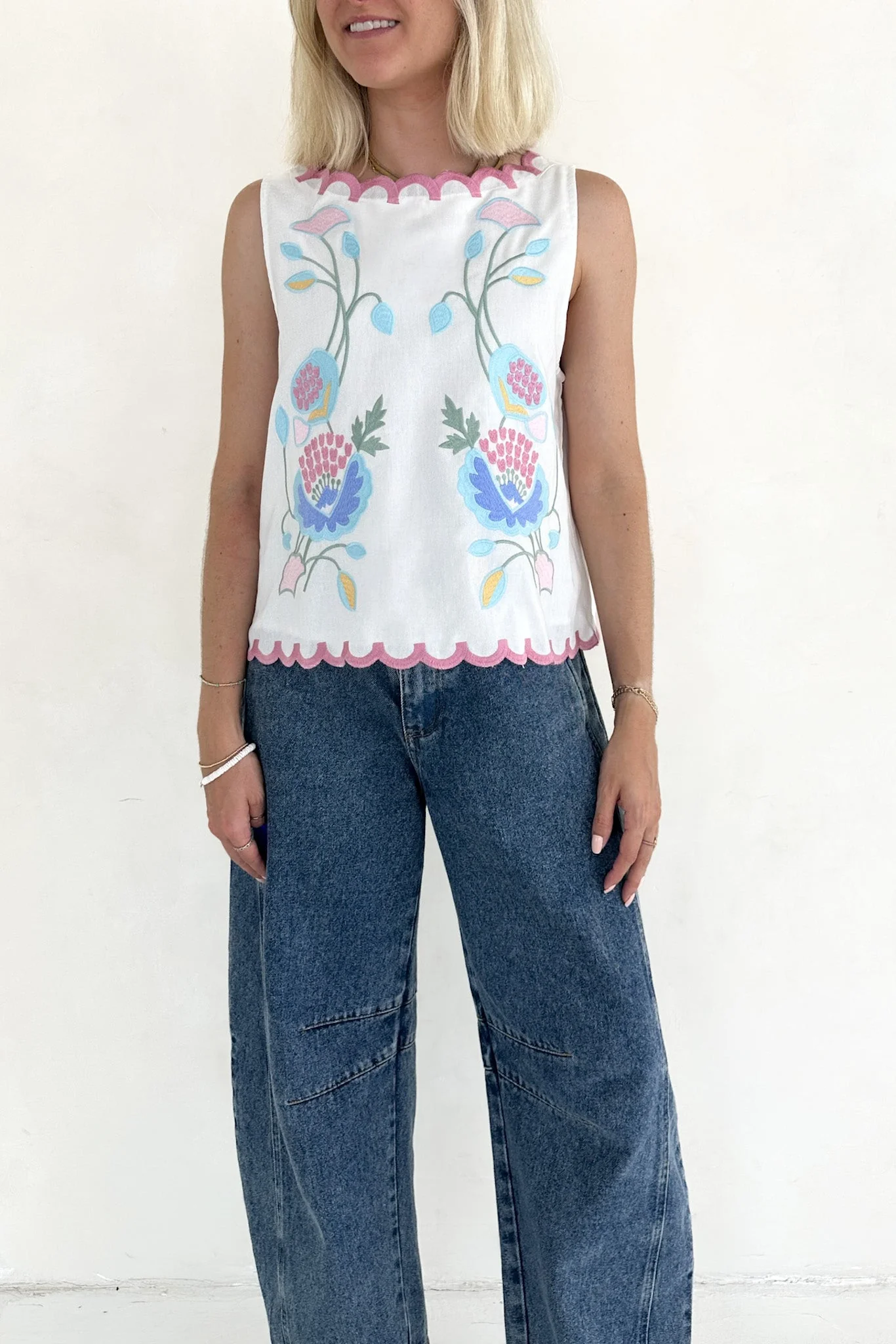 Eloise Sleeveless Floral Embroidered Top in White - Image 8
