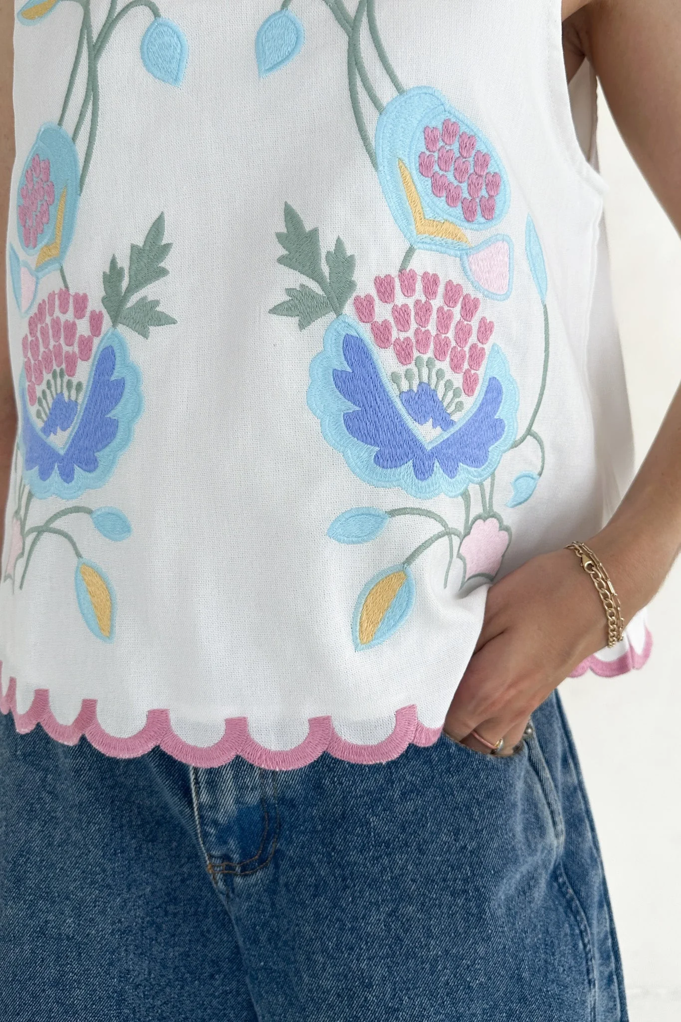 Eloise Sleeveless Floral Embroidered Top in White - Image 9