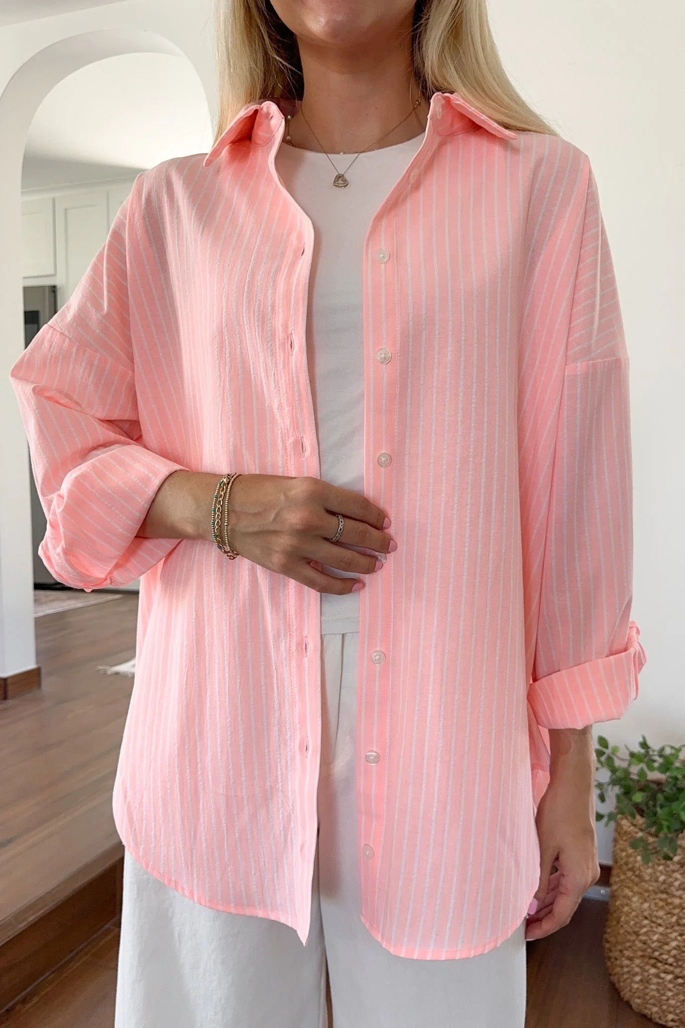 Estelle Striped Button Down in Coral Pink and White