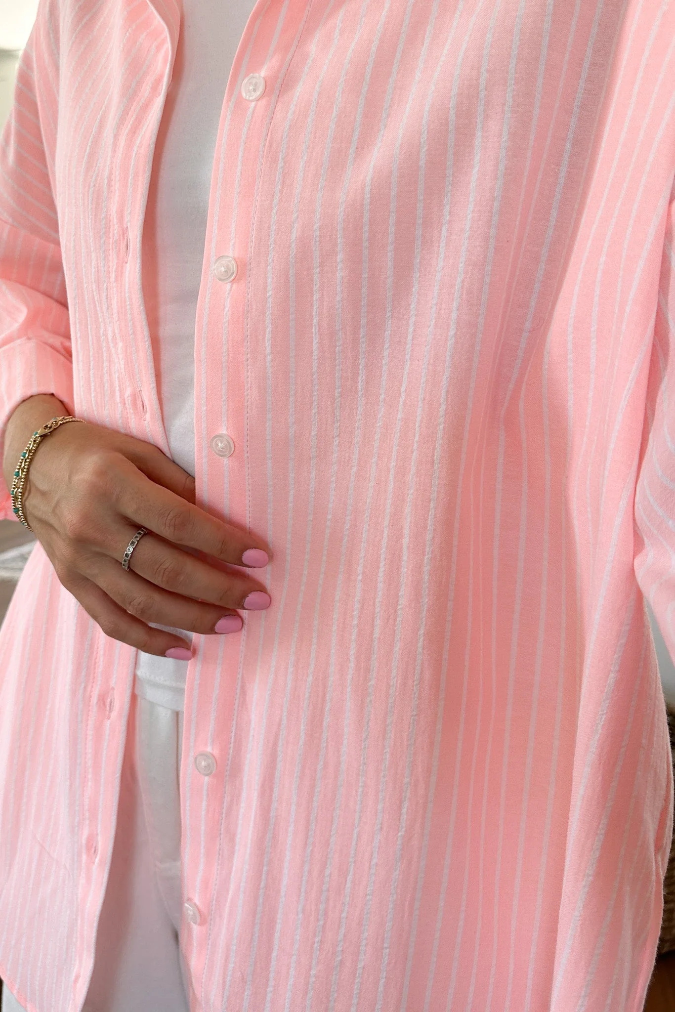 Estelle Striped Button Down in Coral Pink and White - Image 2